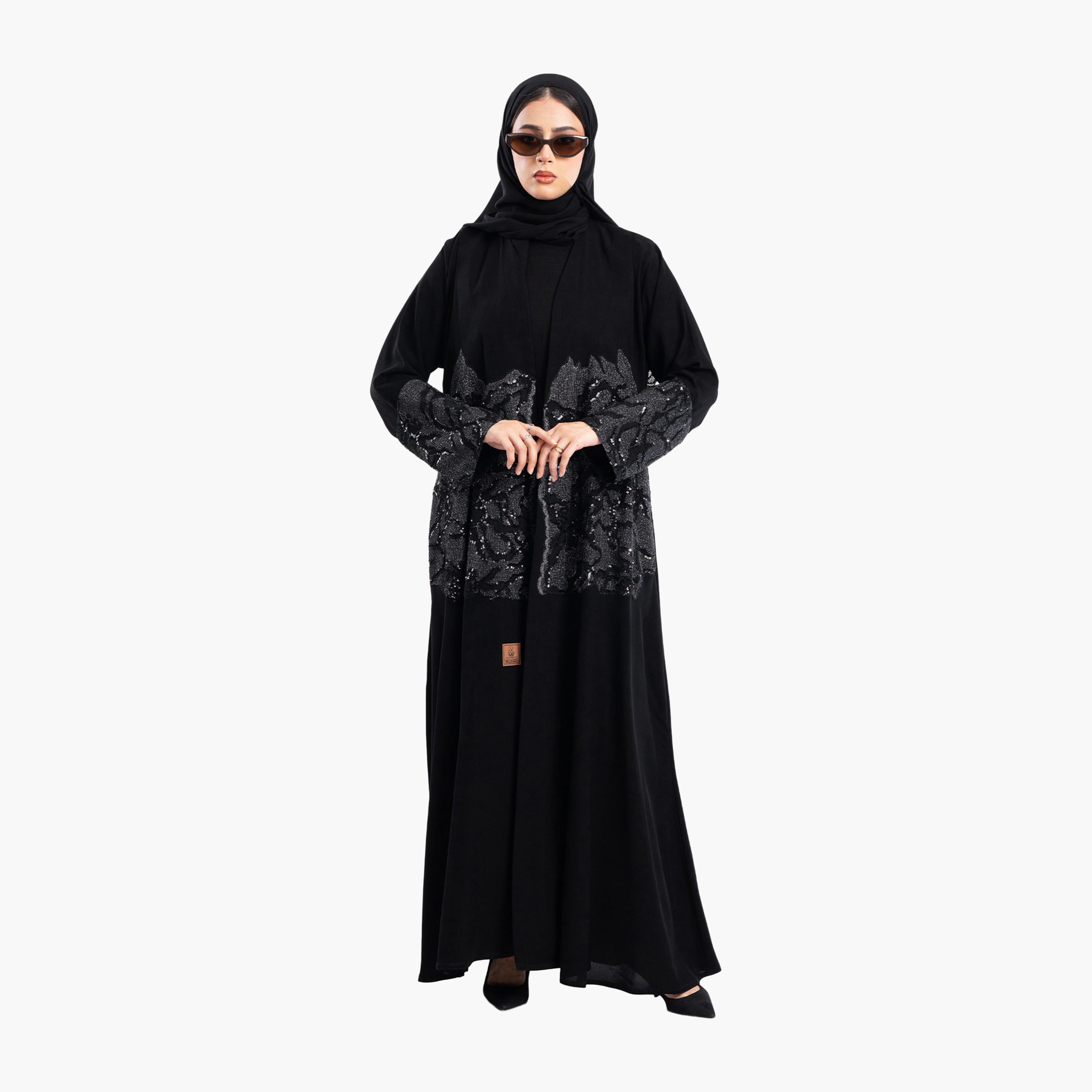 Zahiyh Black Sequined & Beaded Evening Abaya with Hijab-women-arabicclothing-abayas-image-4