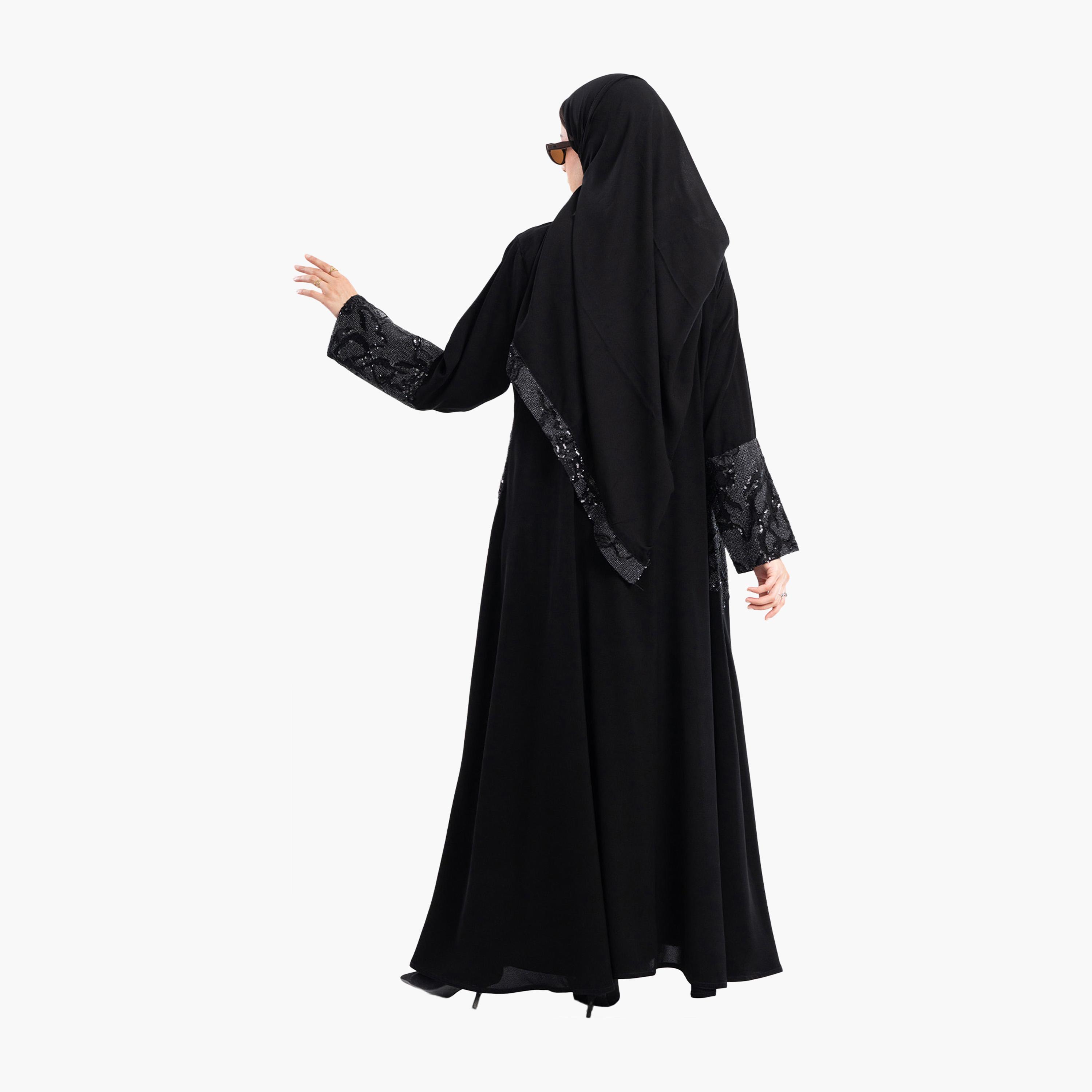 Zahiyh Black Sequined & Beaded Evening Abaya with Hijab-women-arabicclothing-abayas-image-5
