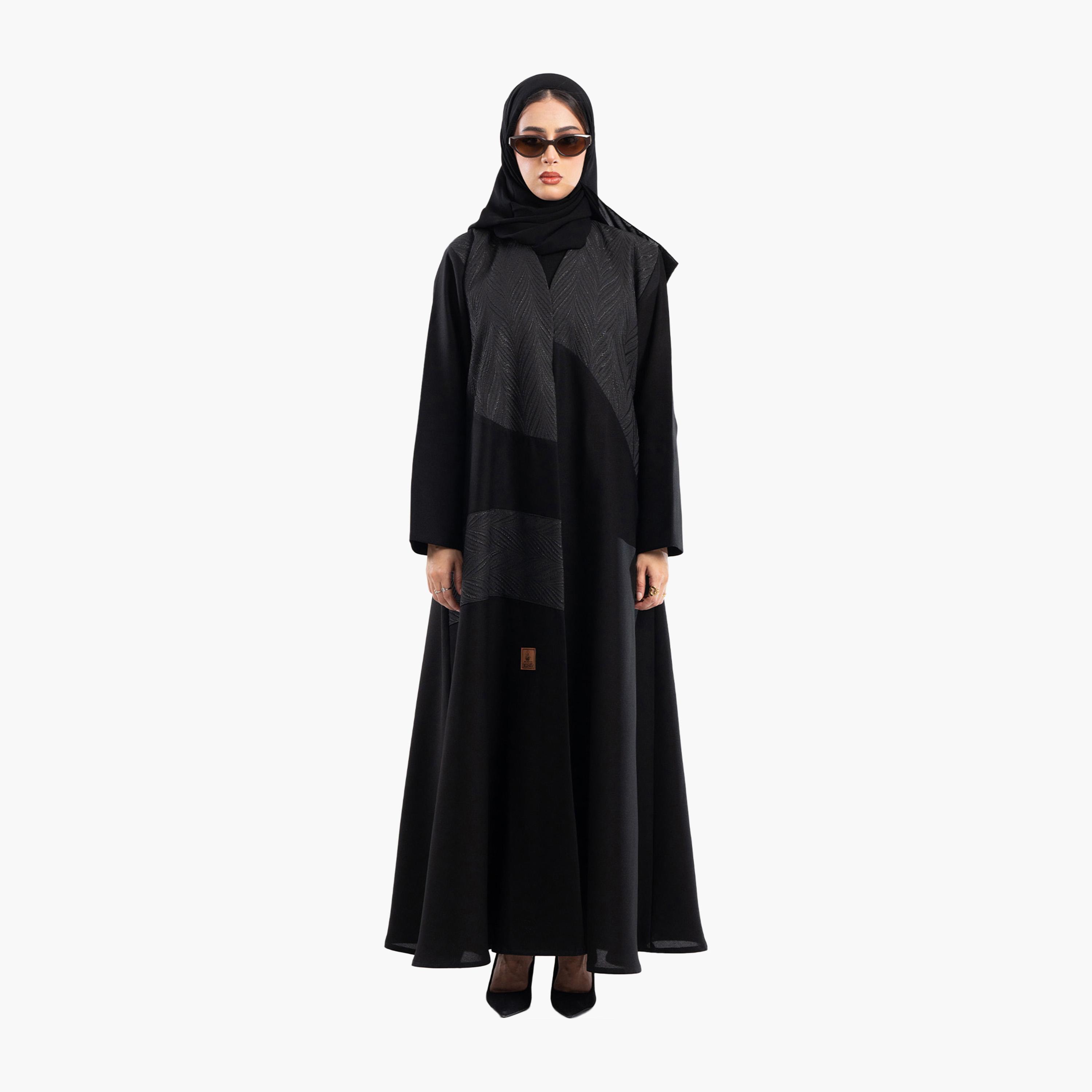Zahiyh Black Jacquard Flared Abaya with Hijab-women-arabicclothing-abayas-image-1