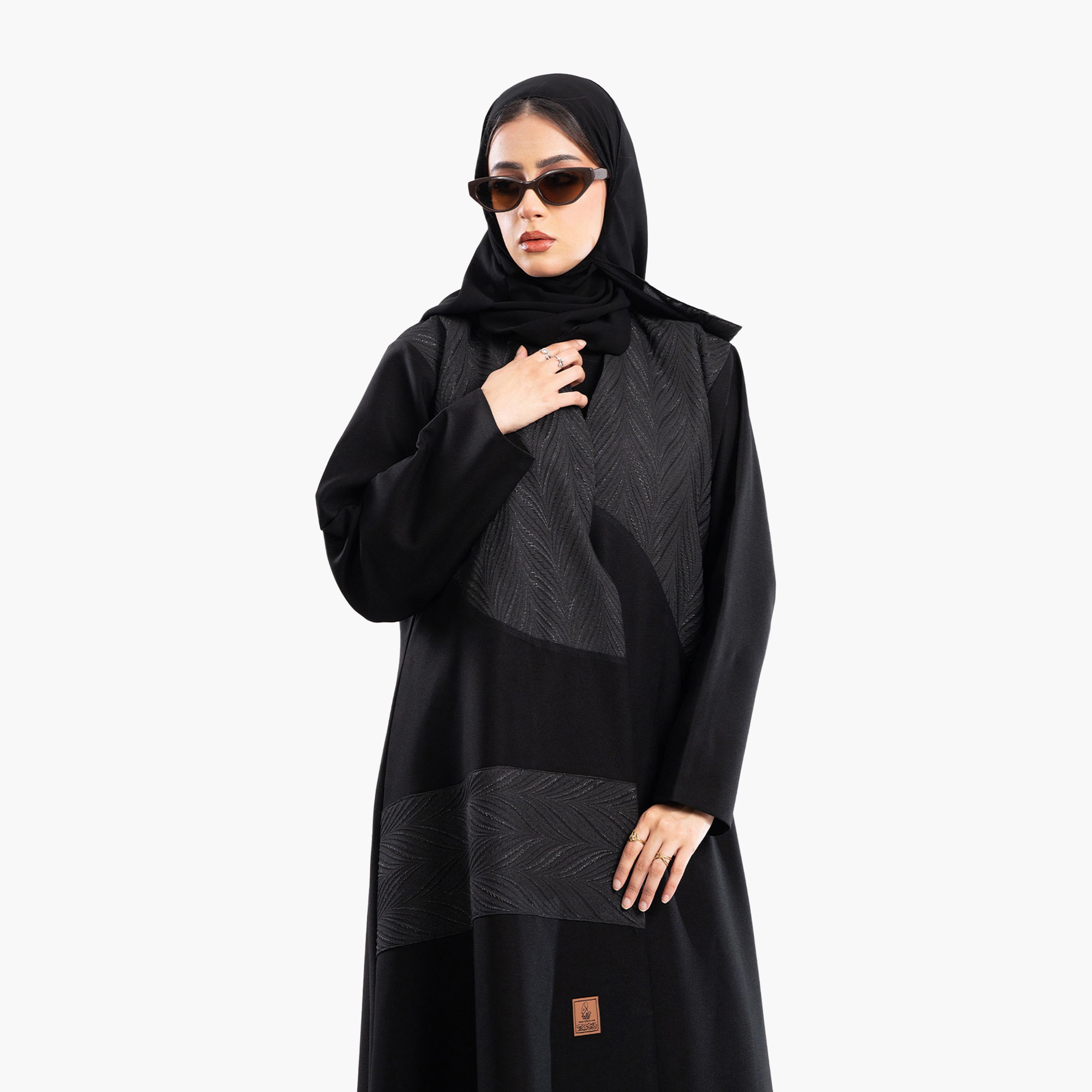 Zahiyh Black Jacquard Flared Abaya with Hijab-women-arabicclothing-abayas-image-2