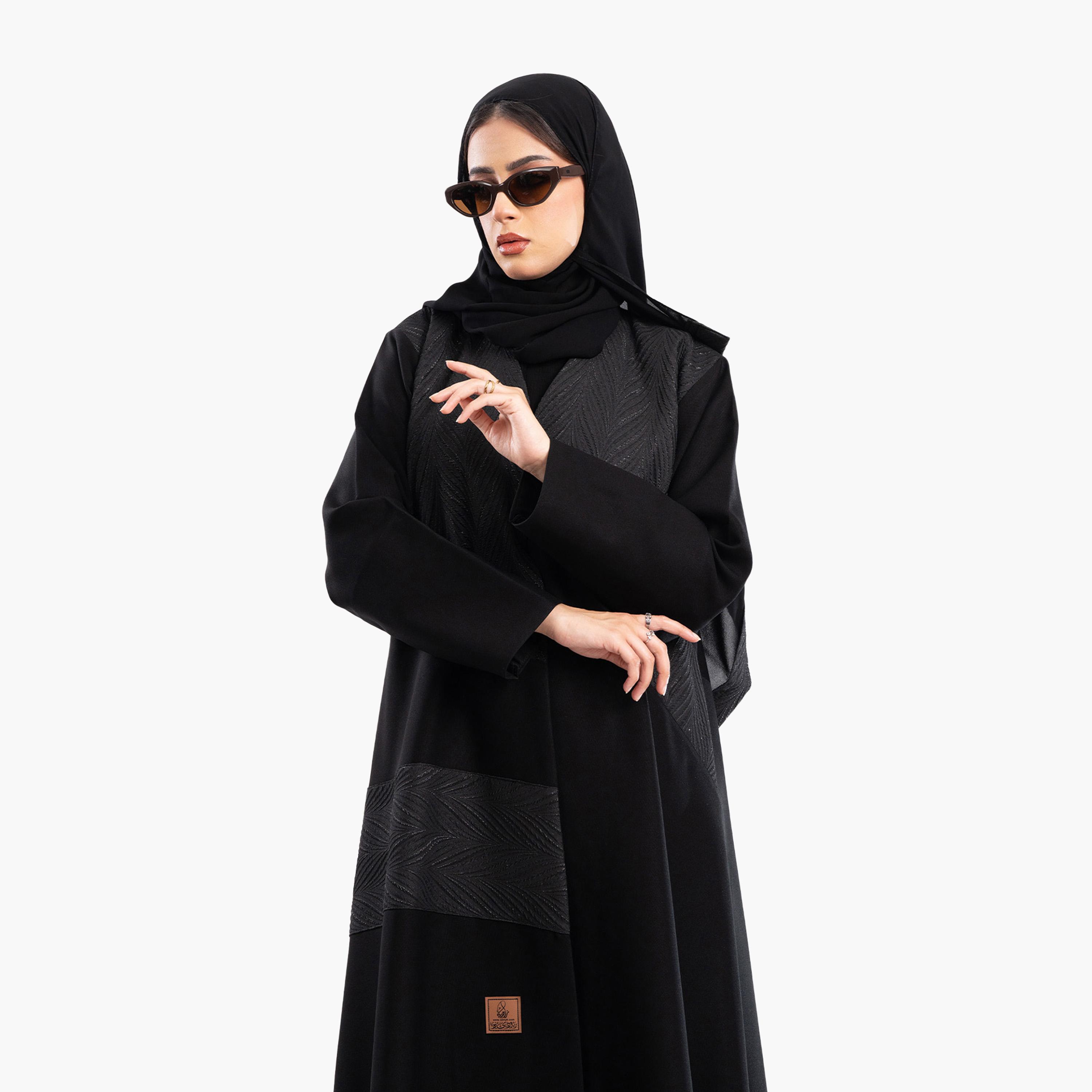 Zahiyh Black Jacquard Flared Abaya with Hijab-women-arabicclothing-abayas-image-3