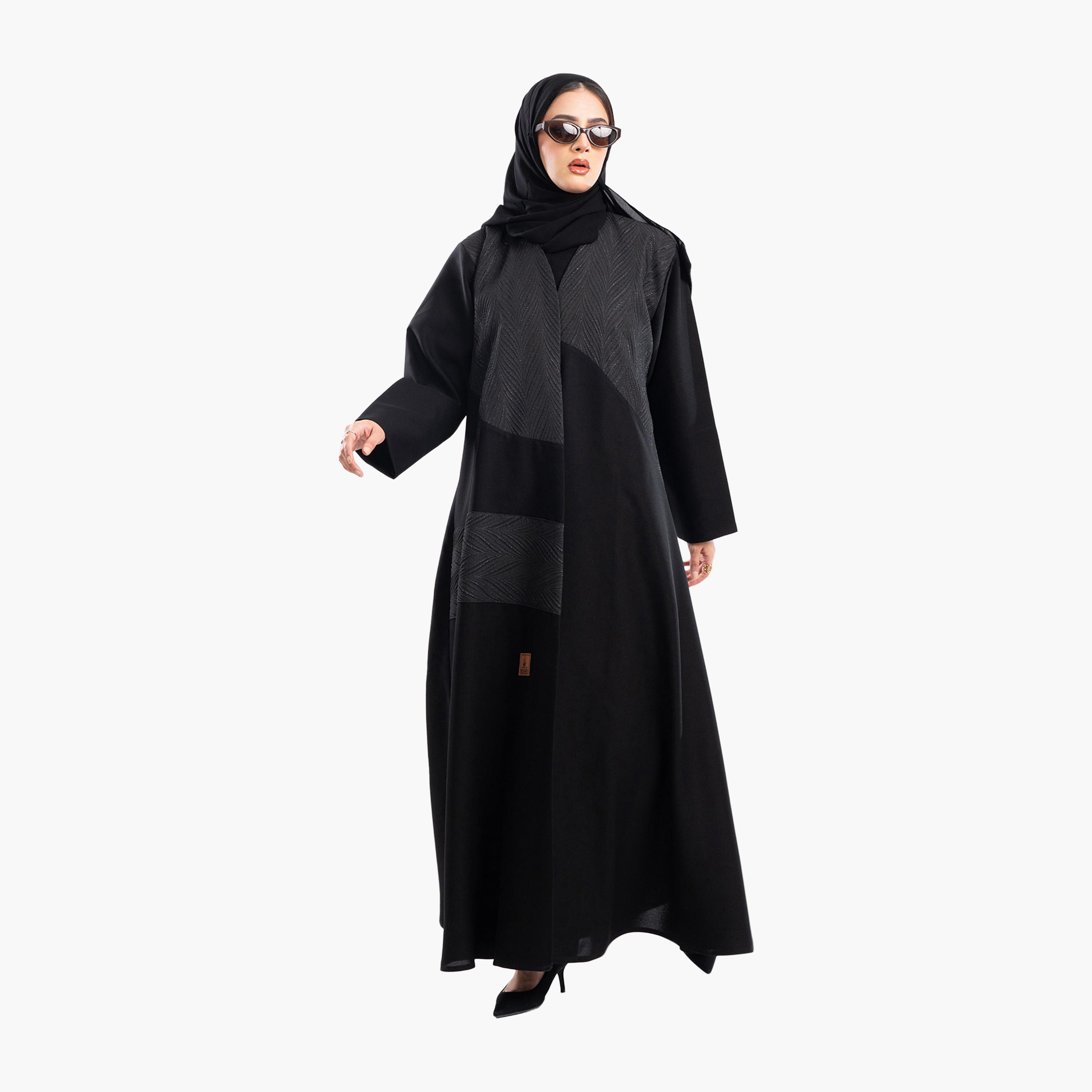 Zahiyh Black Jacquard Flared Abaya with Hijab-women-arabicclothing-abayas-image-4
