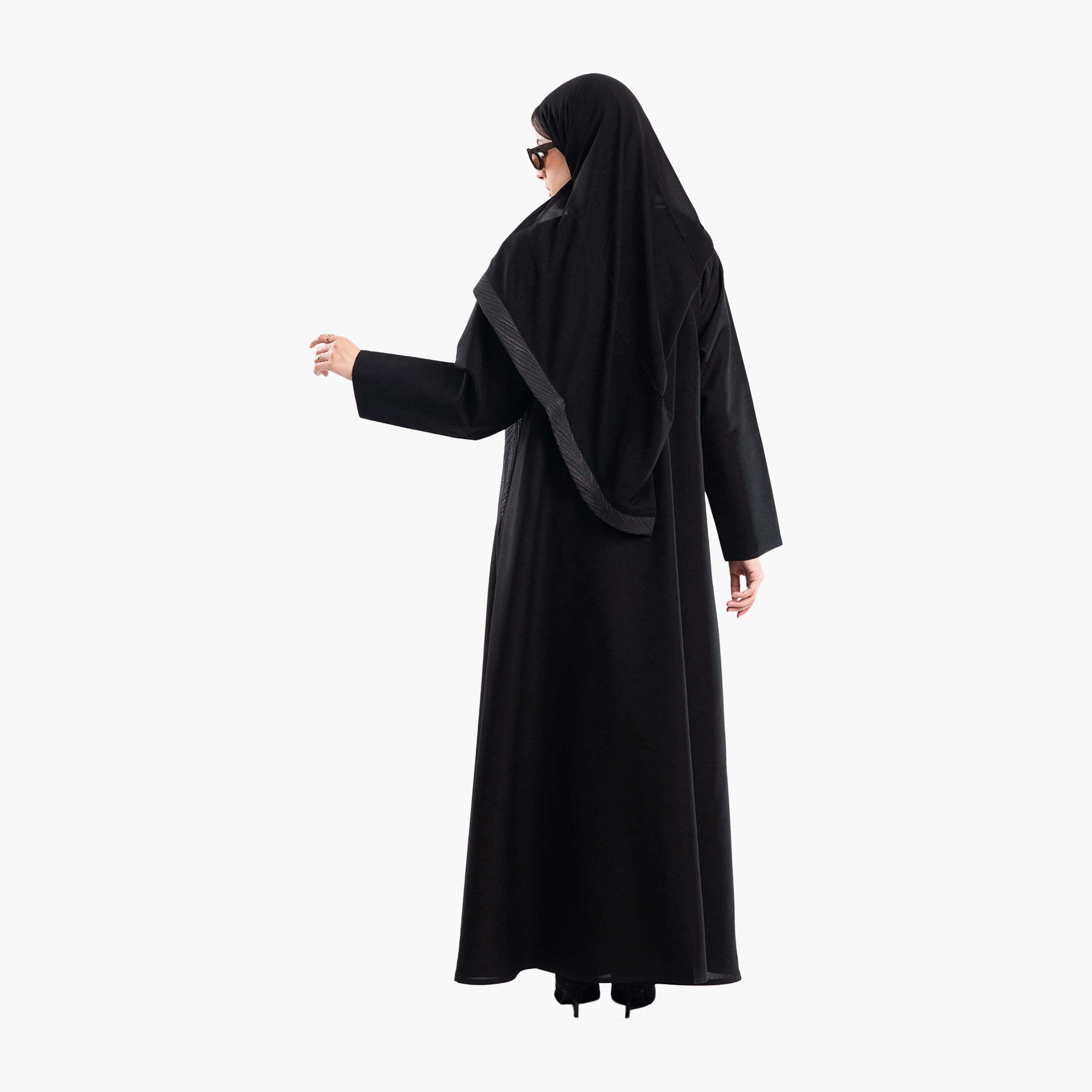 Zahiyh Black Jacquard Flared Abaya with Hijab-women-arabicclothing-abayas-image-5