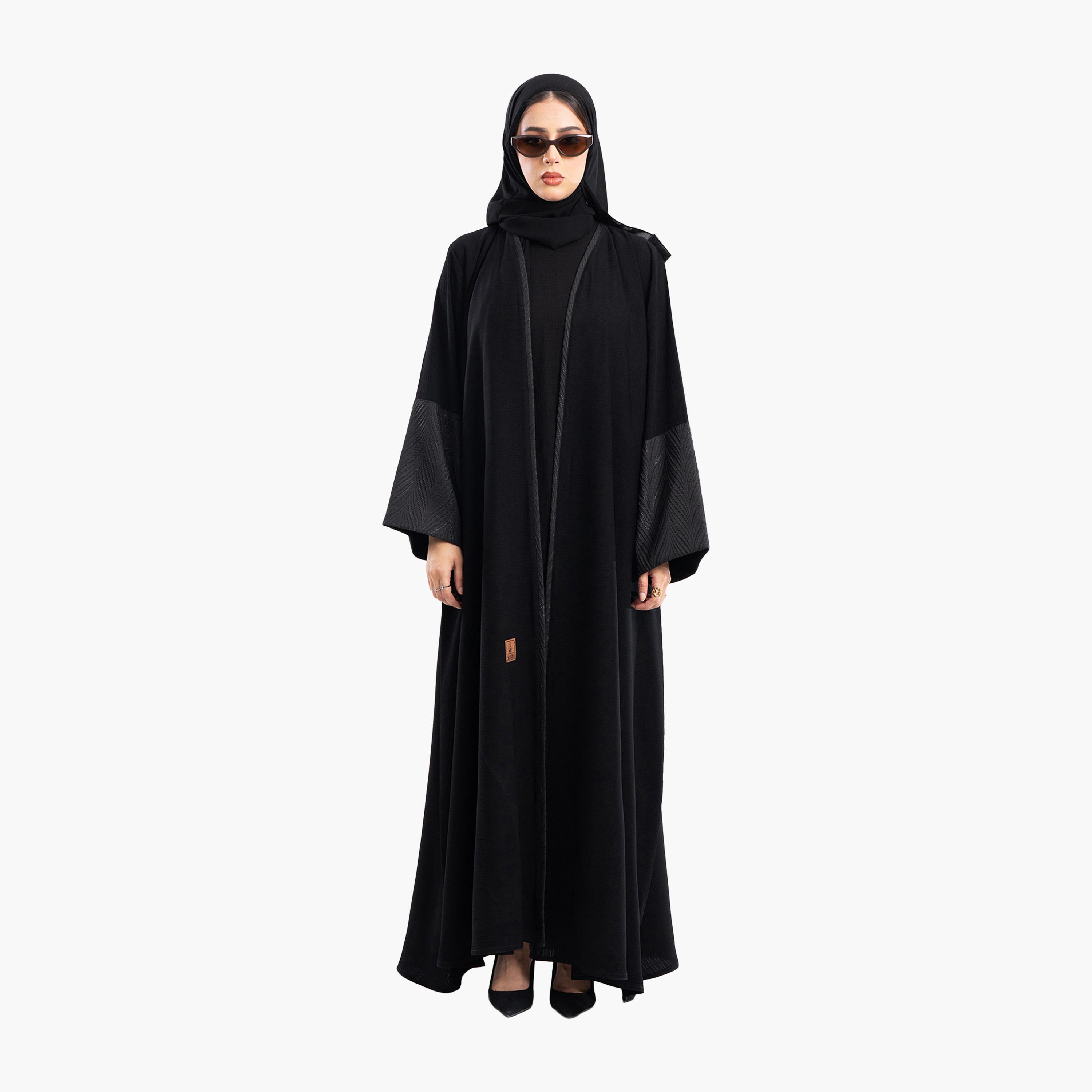 Zahiyh Black Jacquard Dual Tone Sleeves Flared Abaya with Hijab-women-arabicclothing-abayas-image-1