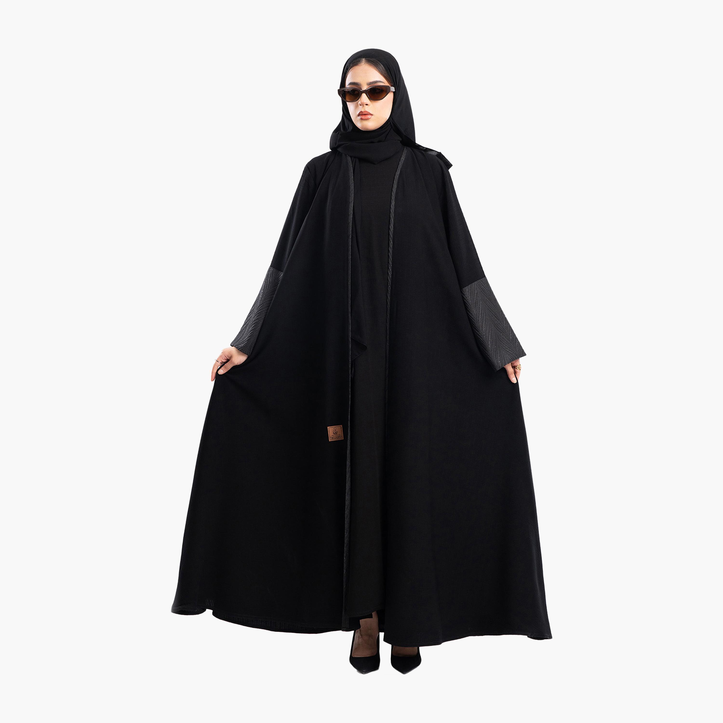 Zahiyh Black Jacquard Dual Tone Sleeves Flared Abaya with Hijab-women-arabicclothing-abayas-image-2