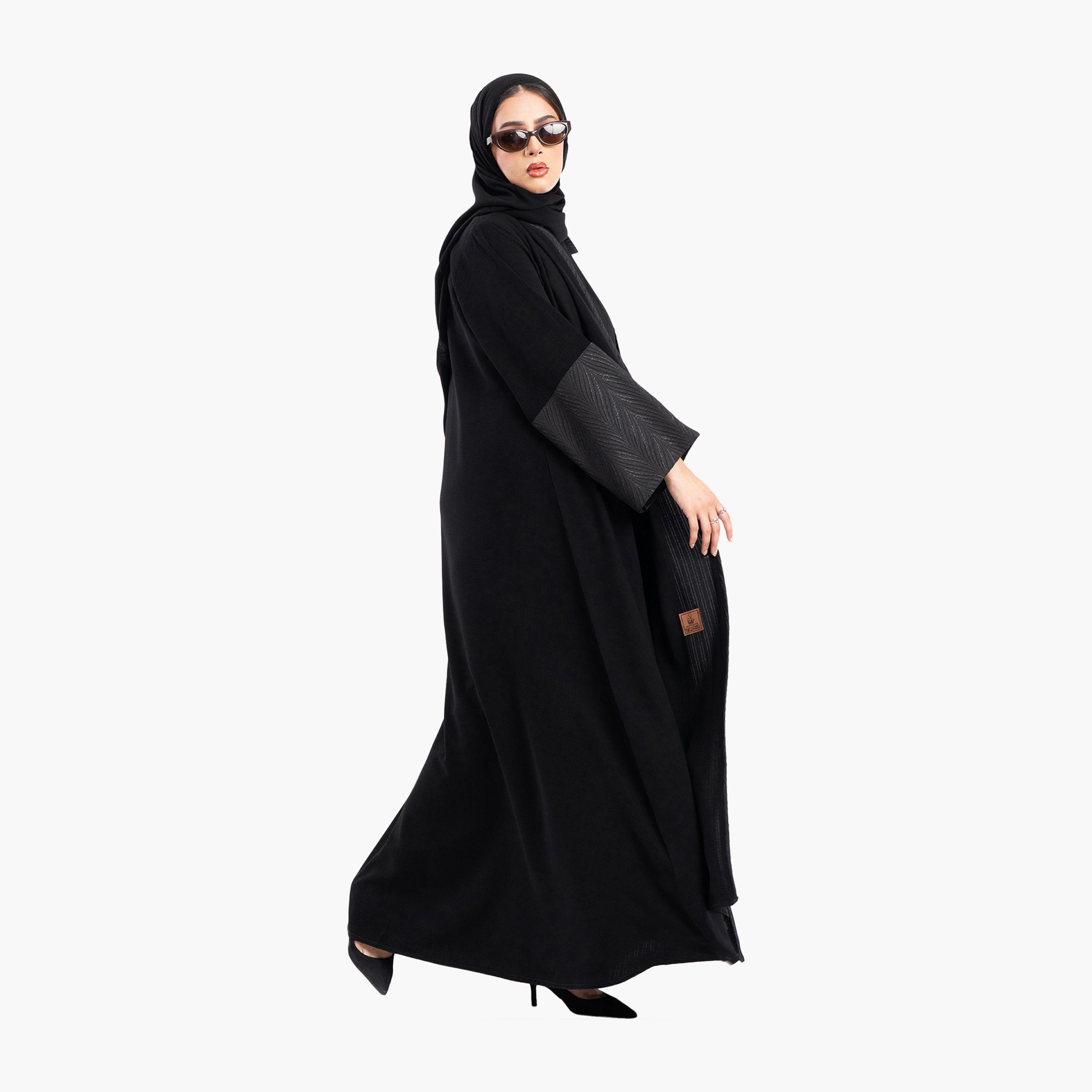 Zahiyh Black Jacquard Dual Tone Sleeves Flared Abaya with Hijab-women-arabicclothing-abayas-image-3