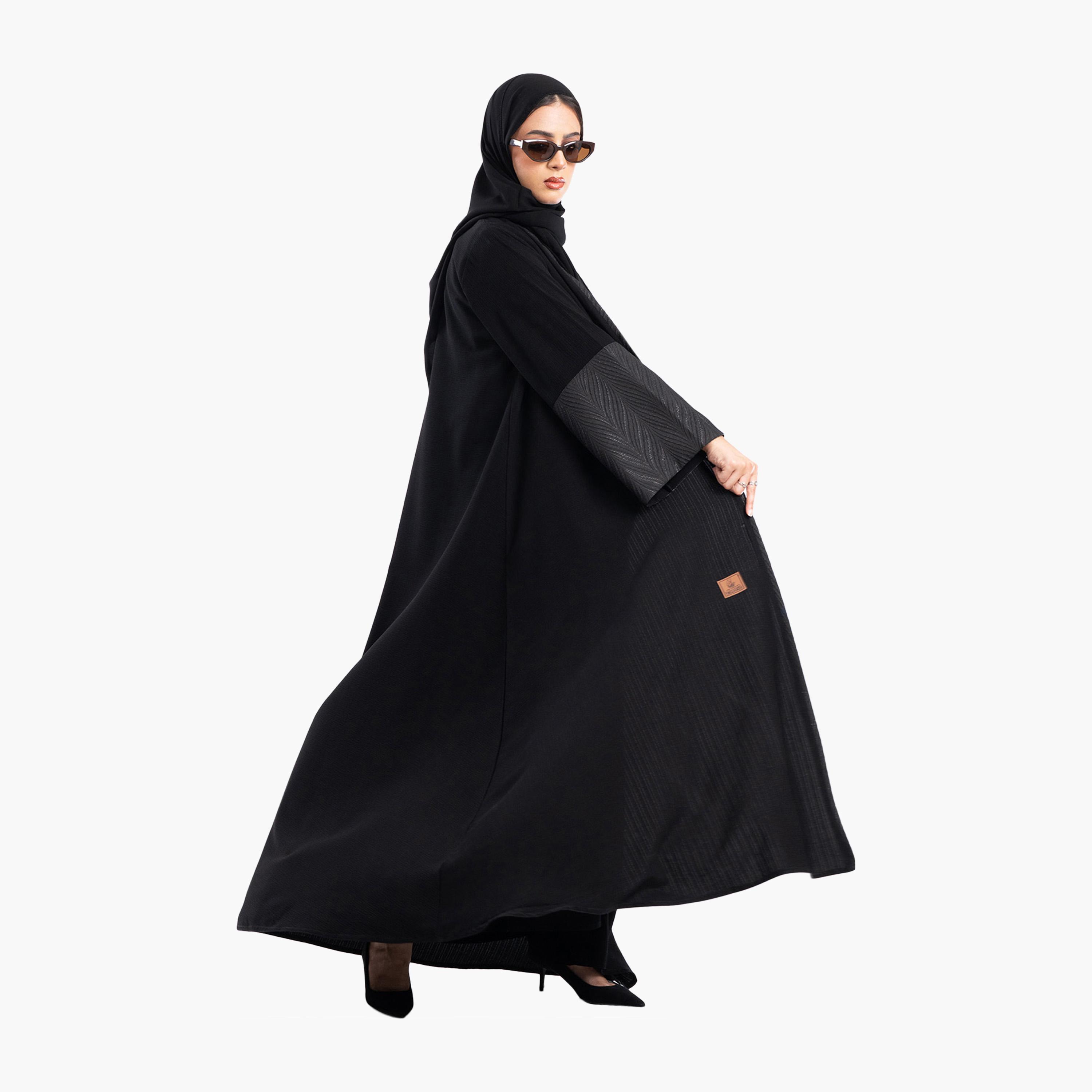 Zahiyh Black Jacquard Dual Tone Sleeves Flared Abaya with Hijab-women-arabicclothing-abayas-image-4