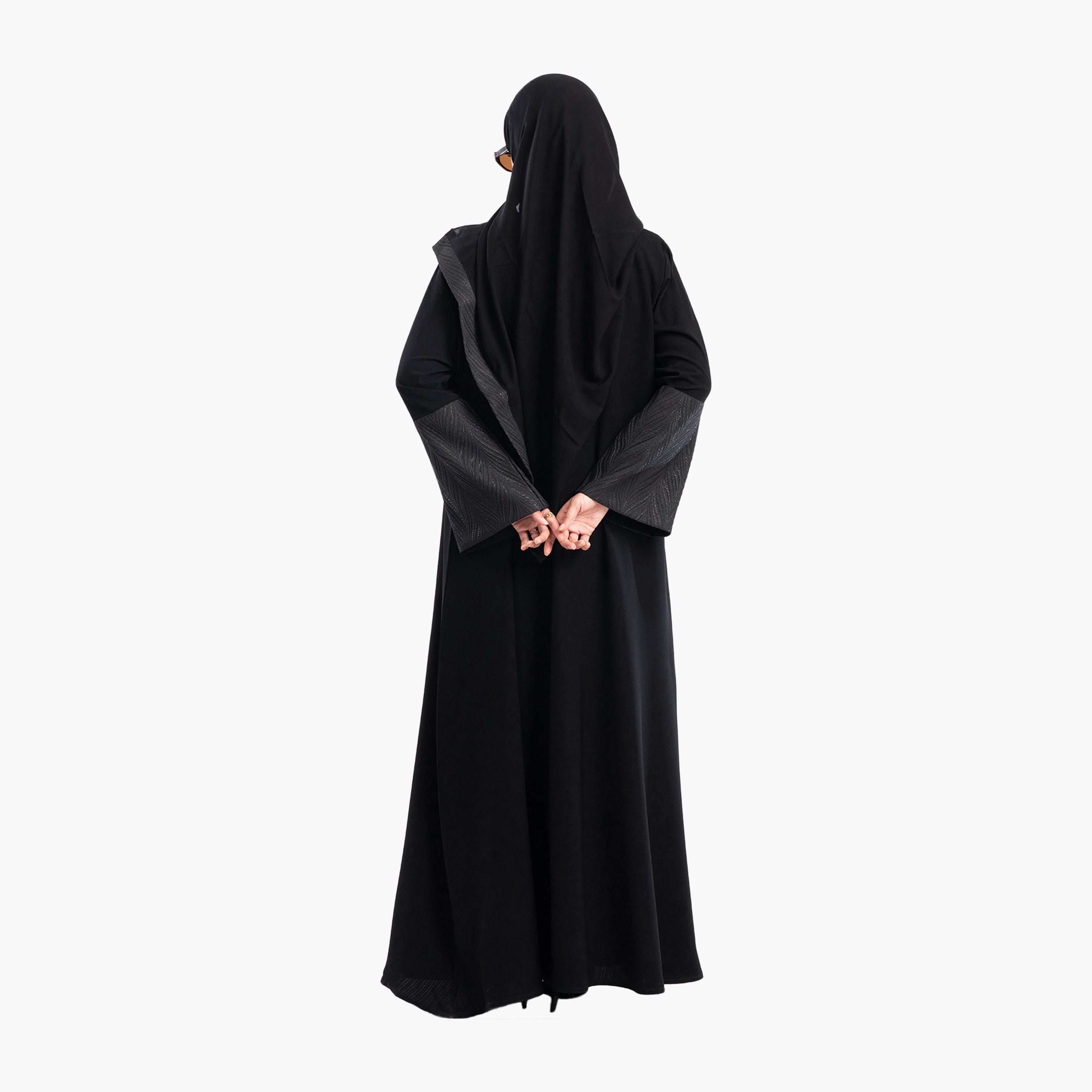 Zahiyh Black Jacquard Dual Tone Sleeves Flared Abaya with Hijab-women-arabicclothing-abayas-image-5