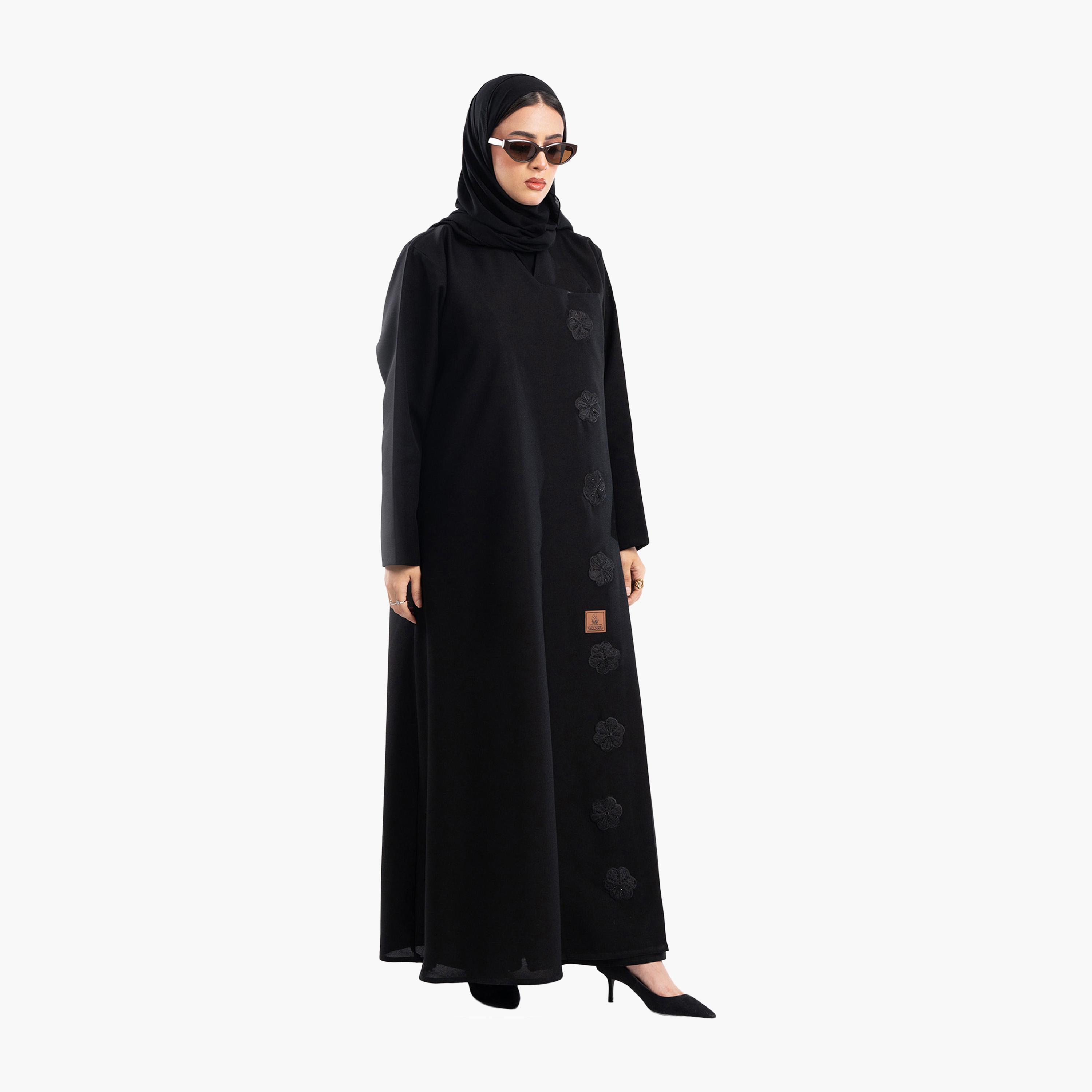 Zahiyh Black Floral Embroidered Evening Abaya with Hijab-women-arabicclothing-abayas-image-2