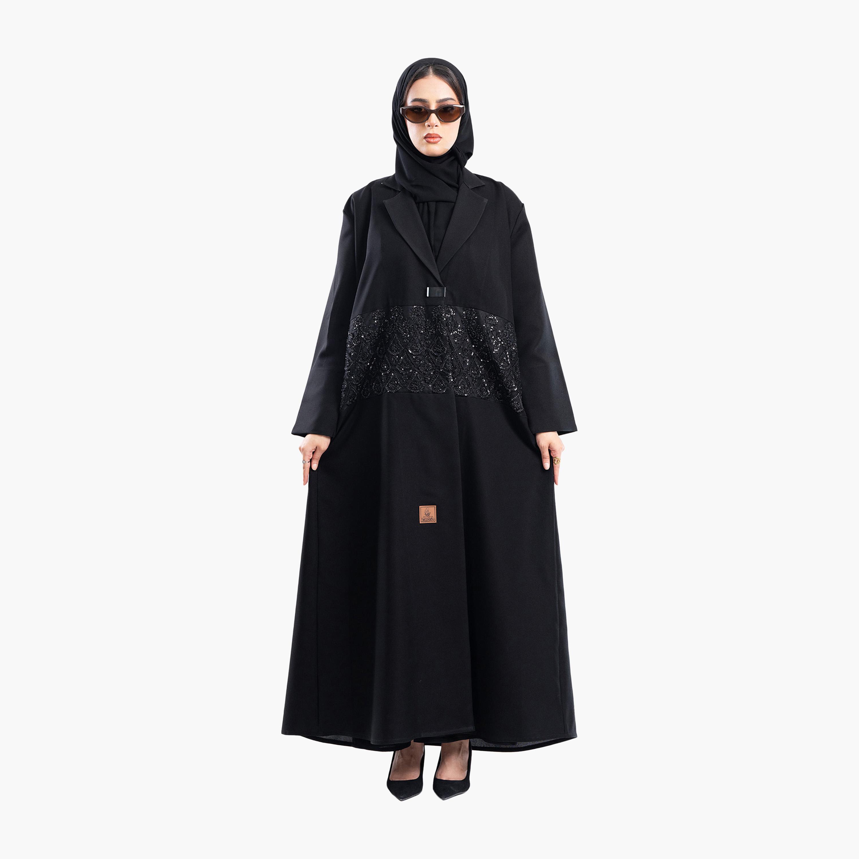 Zahiyh Black Beaded Lapel Collar Formal Blazer Style Abaya with Hijab-women-arabicclothing-abayas-image-1