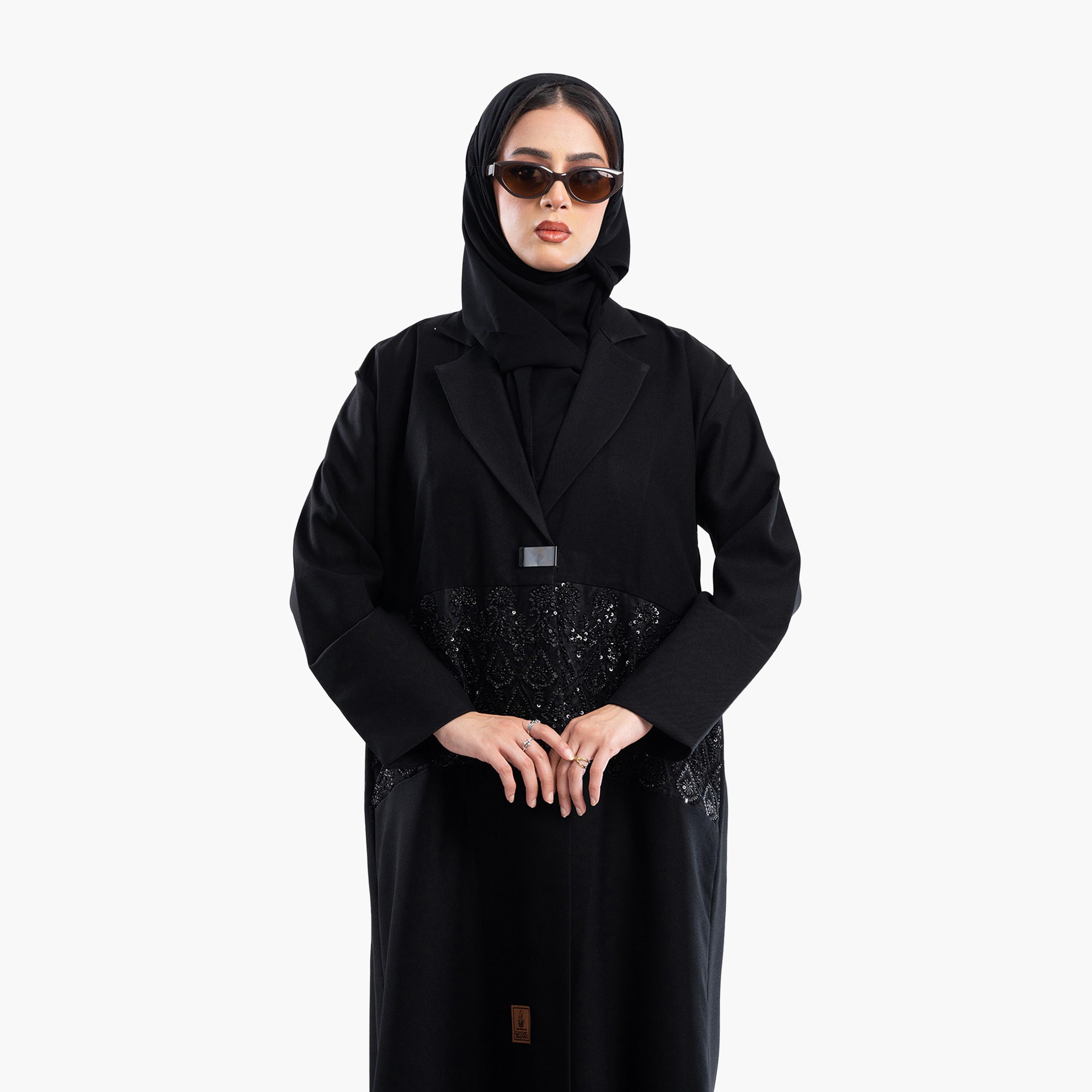 Zahiyh Black Beaded Lapel Collar Formal Blazer Style Abaya with Hijab-women-arabicclothing-abayas-image-2