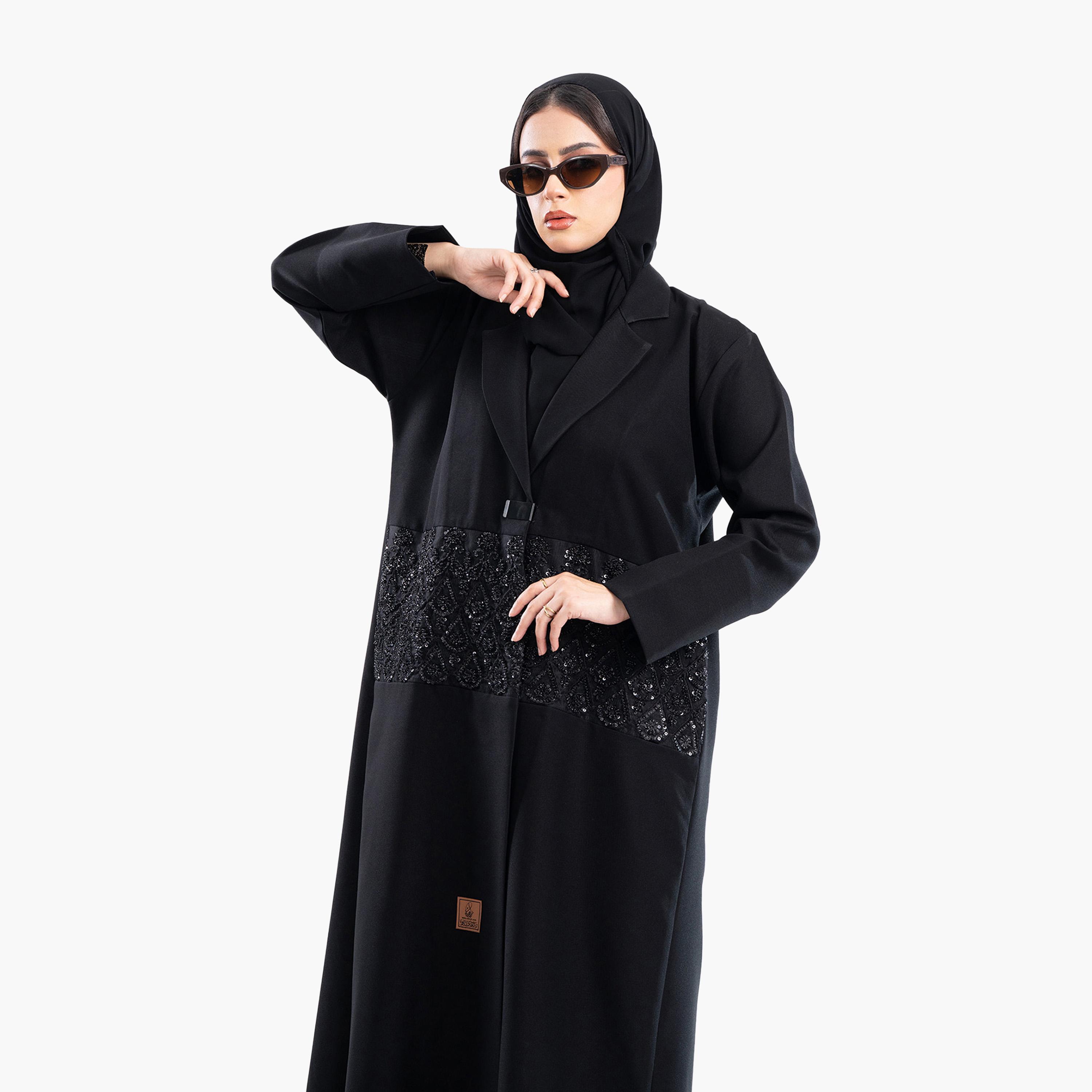 Zahiyh Black Beaded Lapel Collar Formal Blazer Style Abaya with Hijab-women-arabicclothing-abayas-image-3