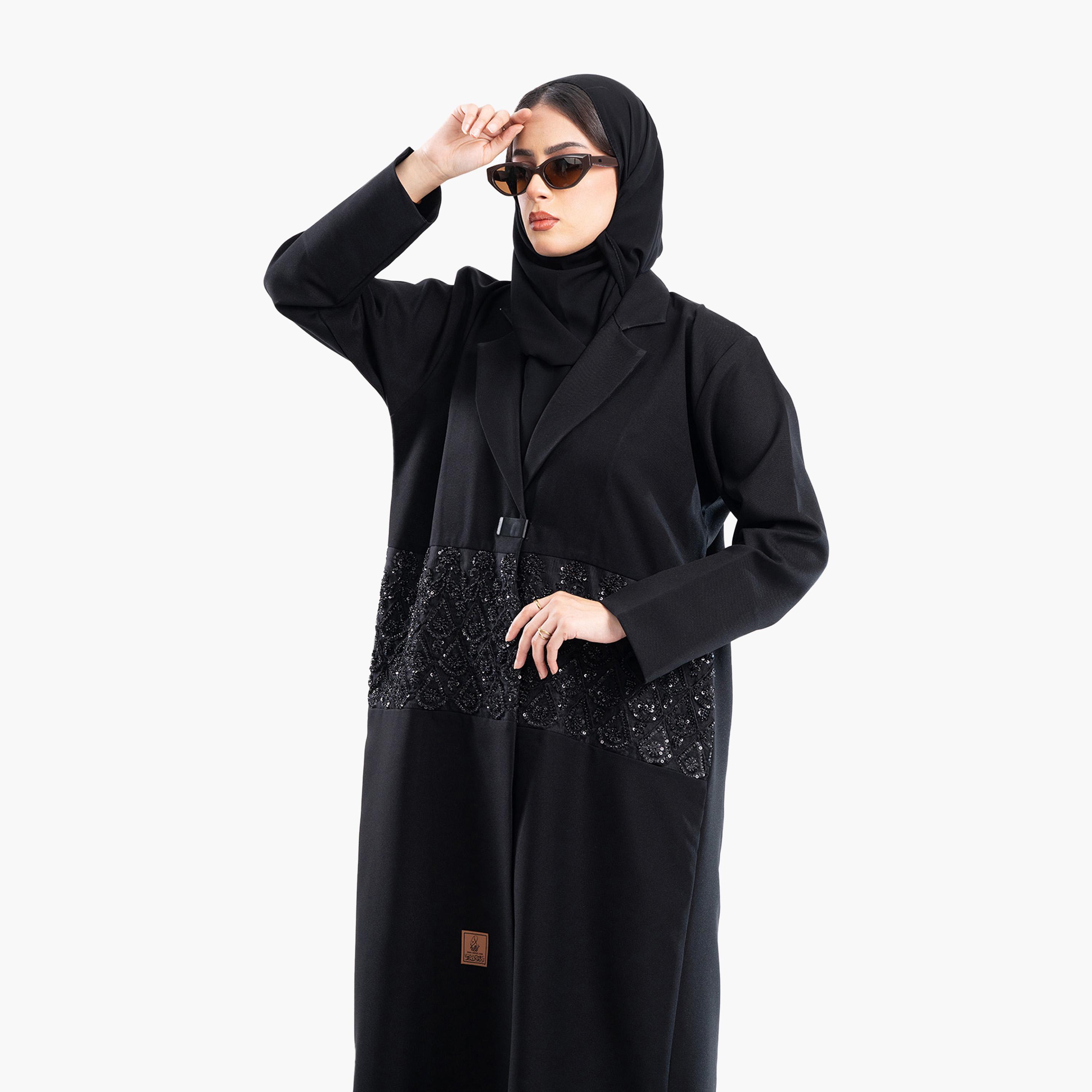 Zahiyh Black Beaded Lapel Collar Formal Blazer Style Abaya with Hijab-women-arabicclothing-abayas-image-4