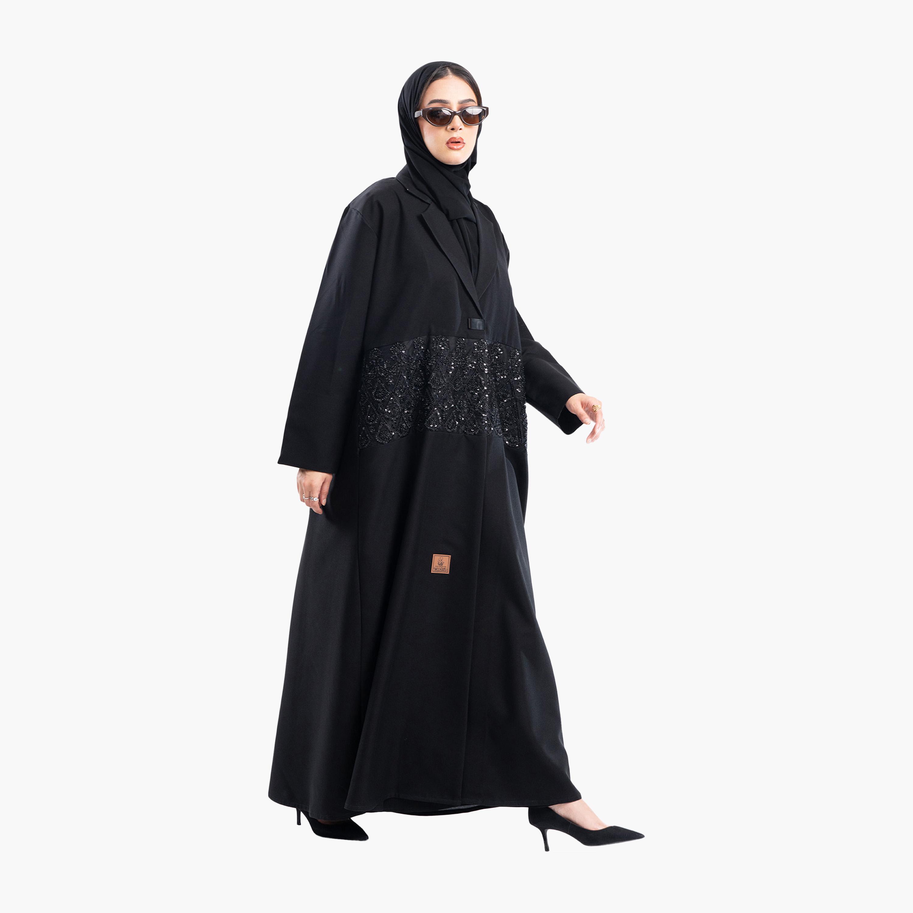 Zahiyh Black Beaded Lapel Collar Formal Blazer Style Abaya with Hijab-women-arabicclothing-abayas-image-5