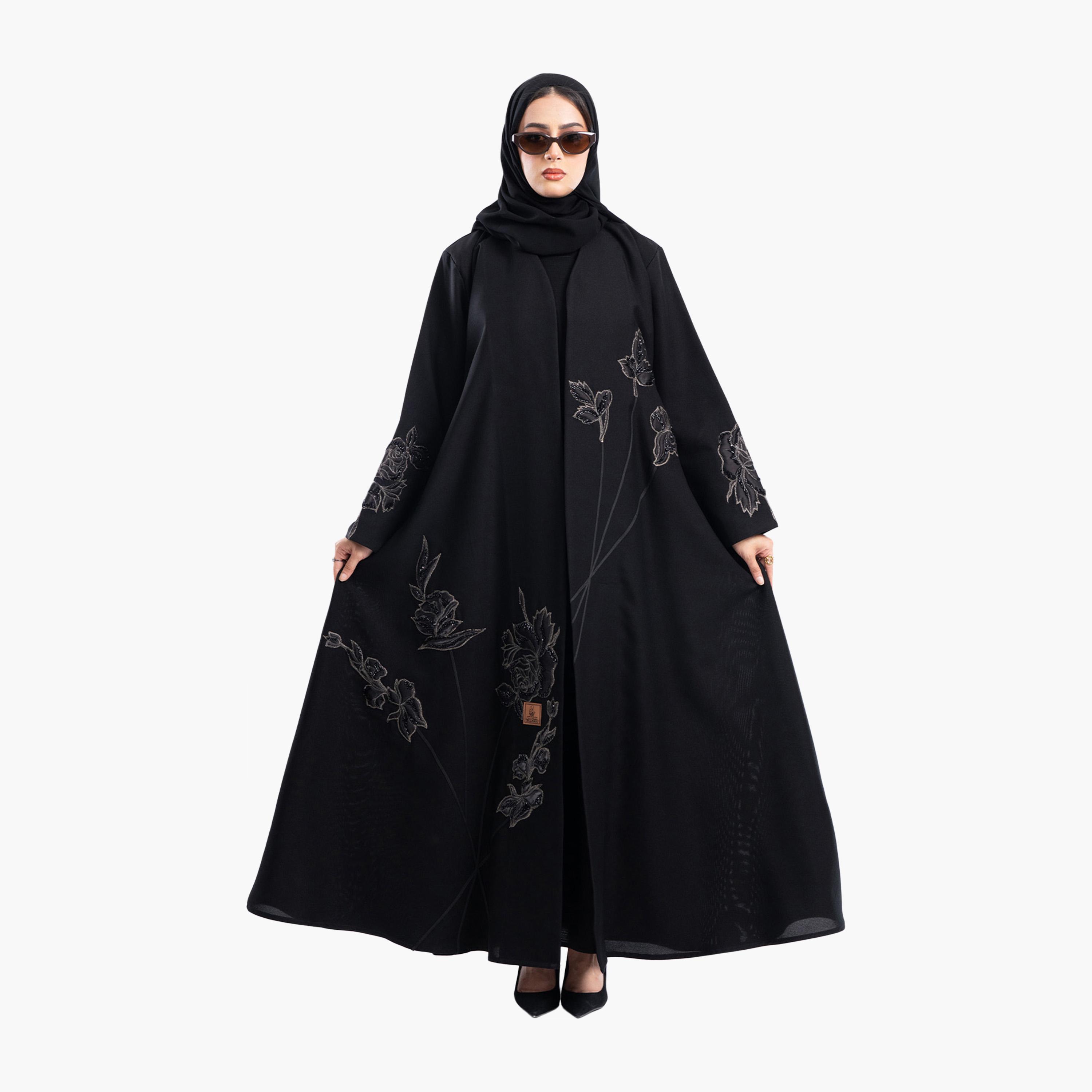 Zahiyh Black Rose Embroidered Evening Flared Abaya with Hijab-women-arabicclothing-abayas-image-1