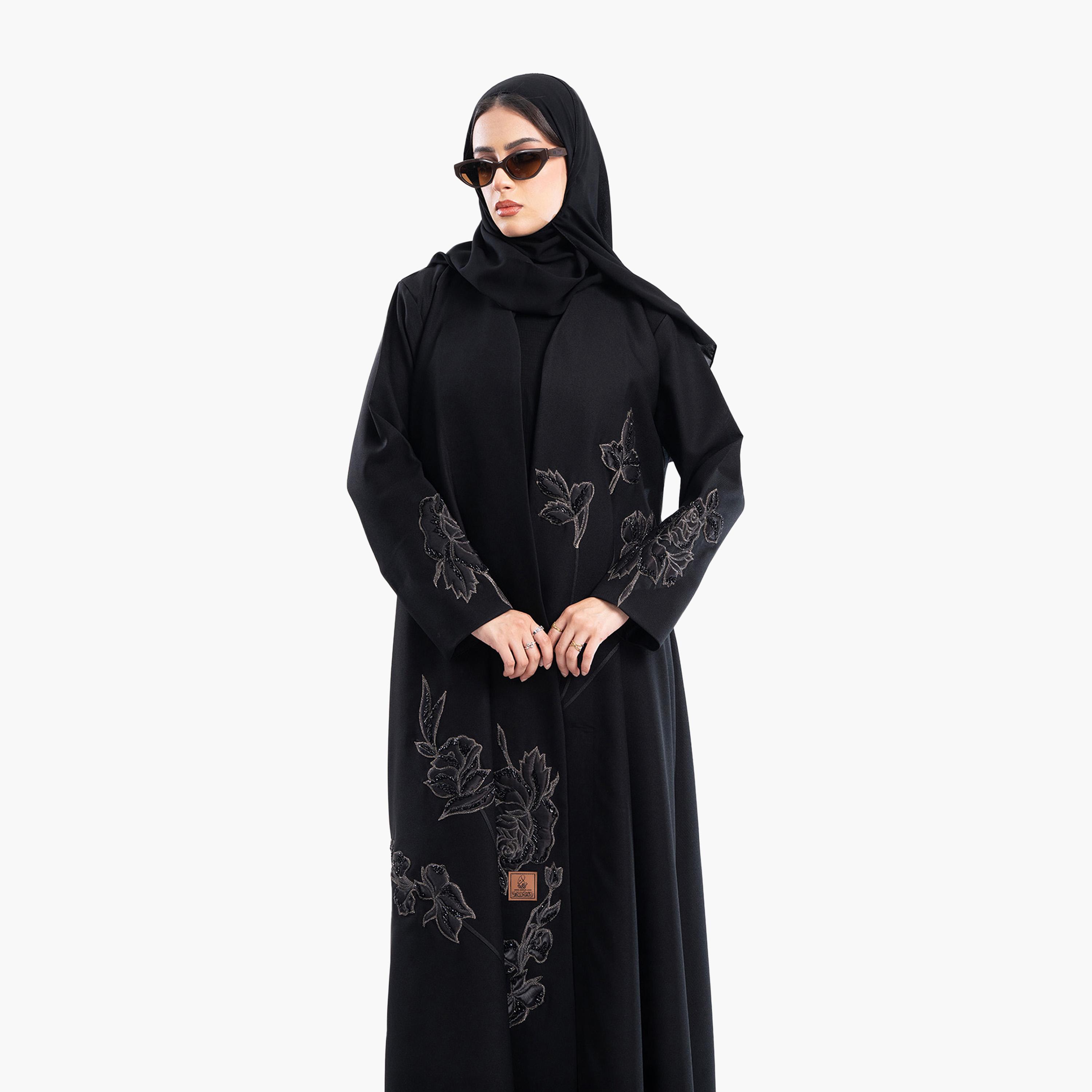 Zahiyh Black Rose Embroidered Evening Flared Abaya with Hijab-women-arabicclothing-abayas-image-2
