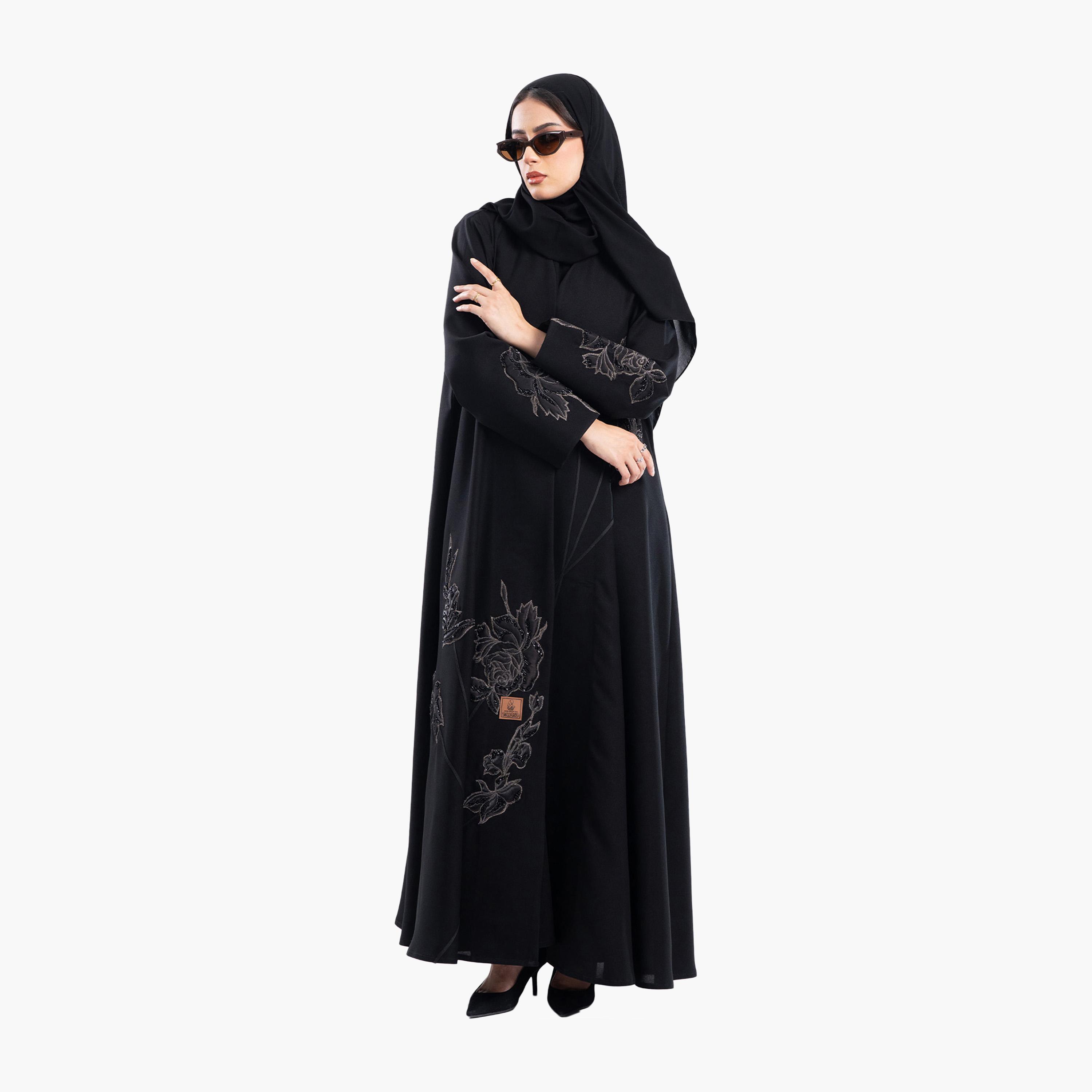Zahiyh Black Rose Embroidered Evening Flared Abaya with Hijab-women-arabicclothing-abayas-image-3