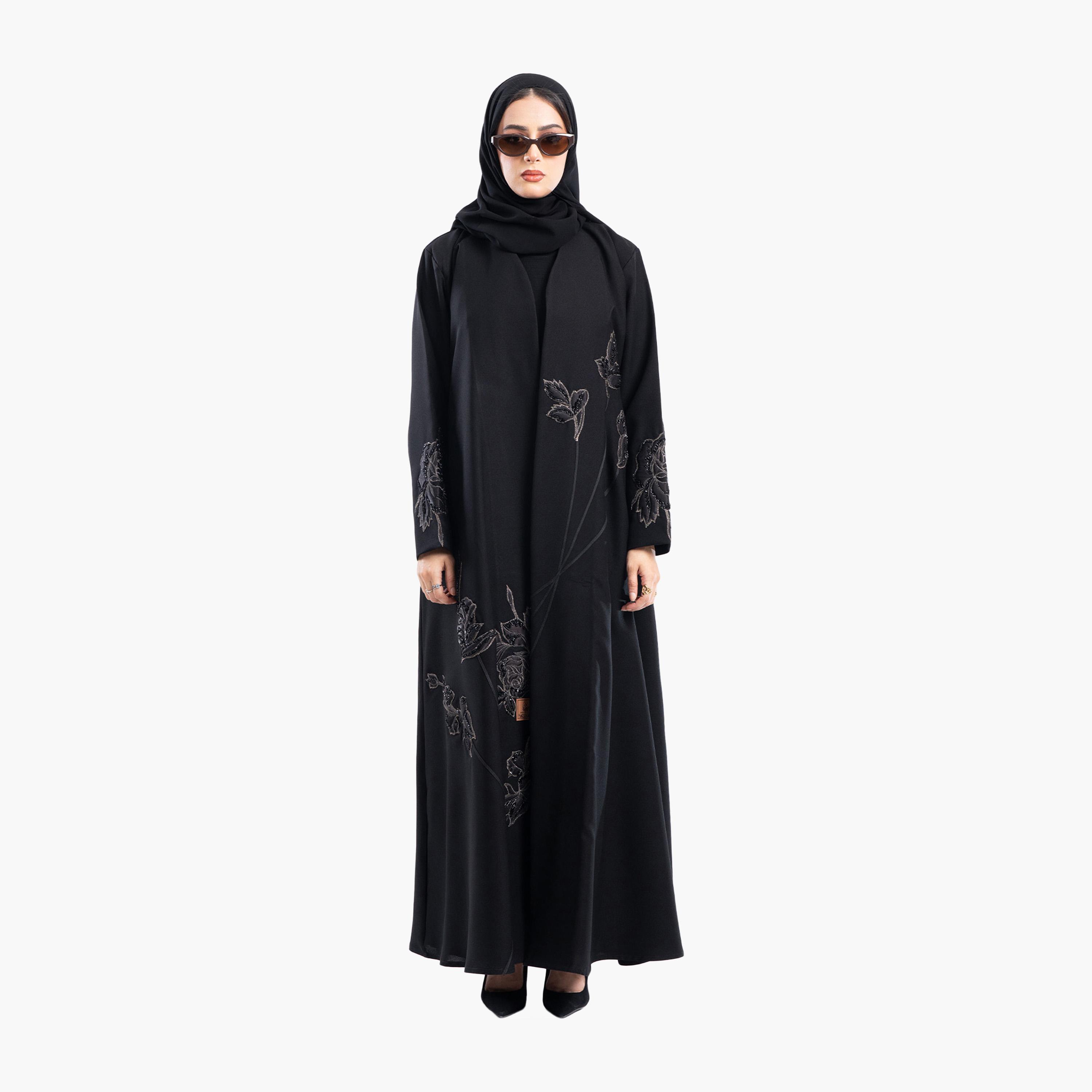 Zahiyh Black Rose Embroidered Evening Flared Abaya with Hijab-women-arabicclothing-abayas-image-4
