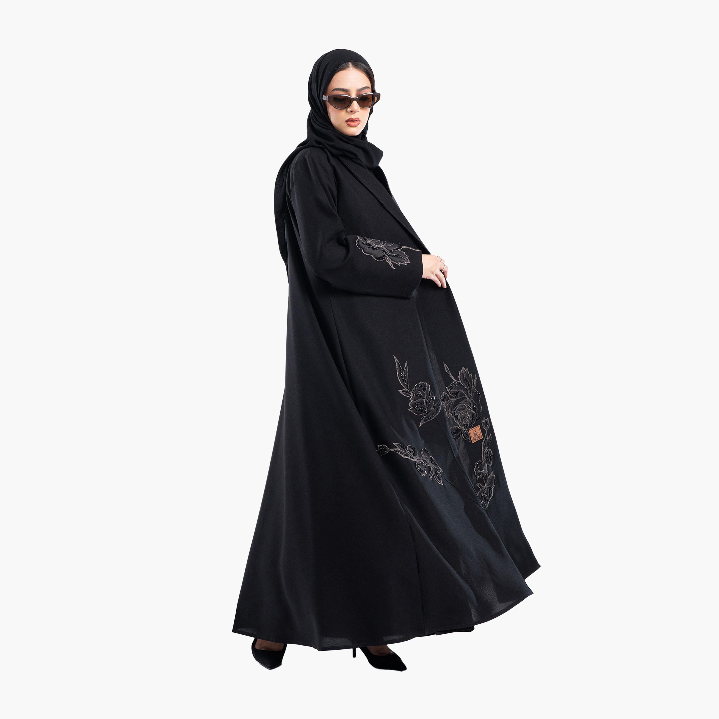 Zahiyh Black Rose Embroidered Evening Flared Abaya with Hijab-women-arabicclothing-abayas-image-5