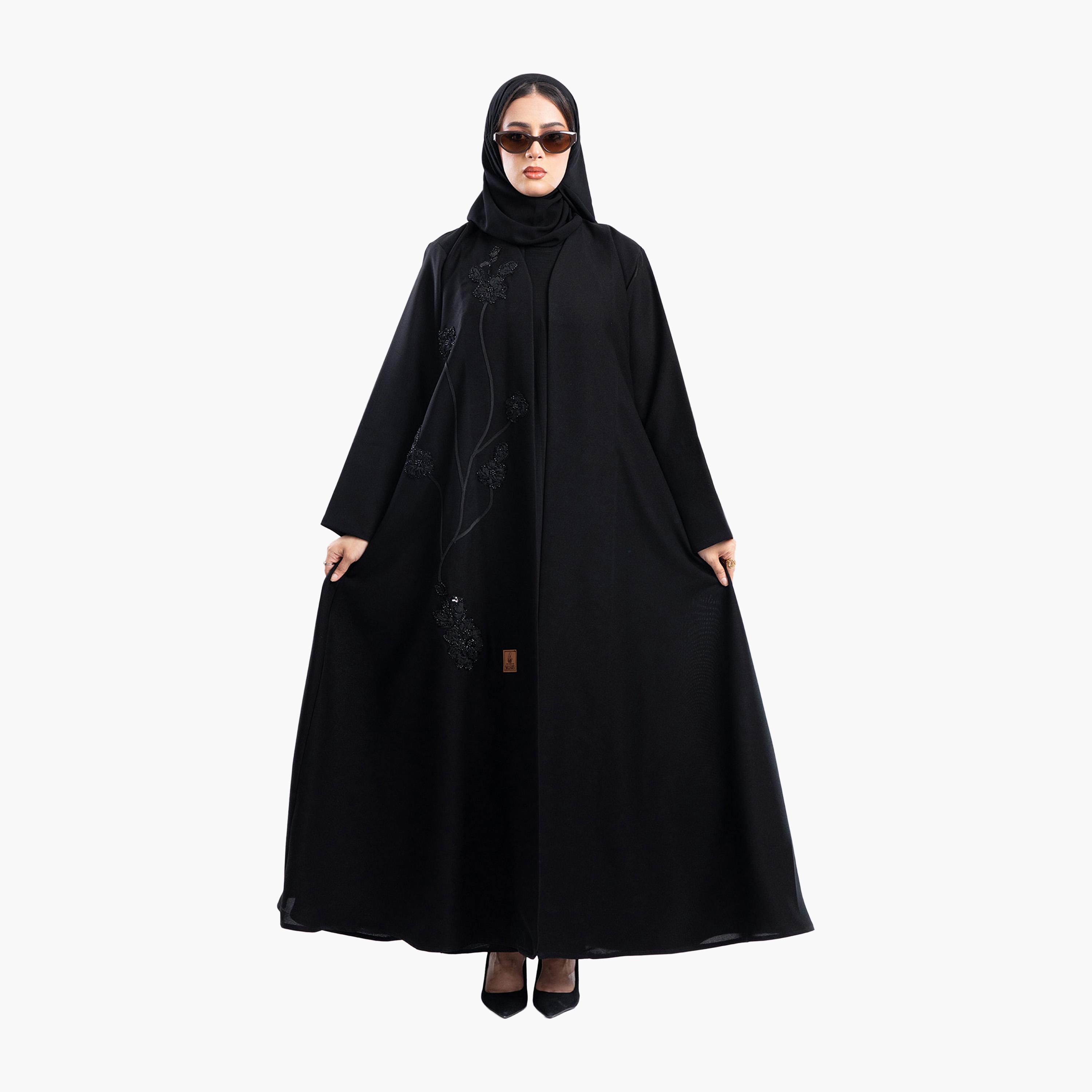 Zahiyh Black Rose Embroidered Evening Flared Abaya with Hijab-women-arabicclothing-abayas-image-1
