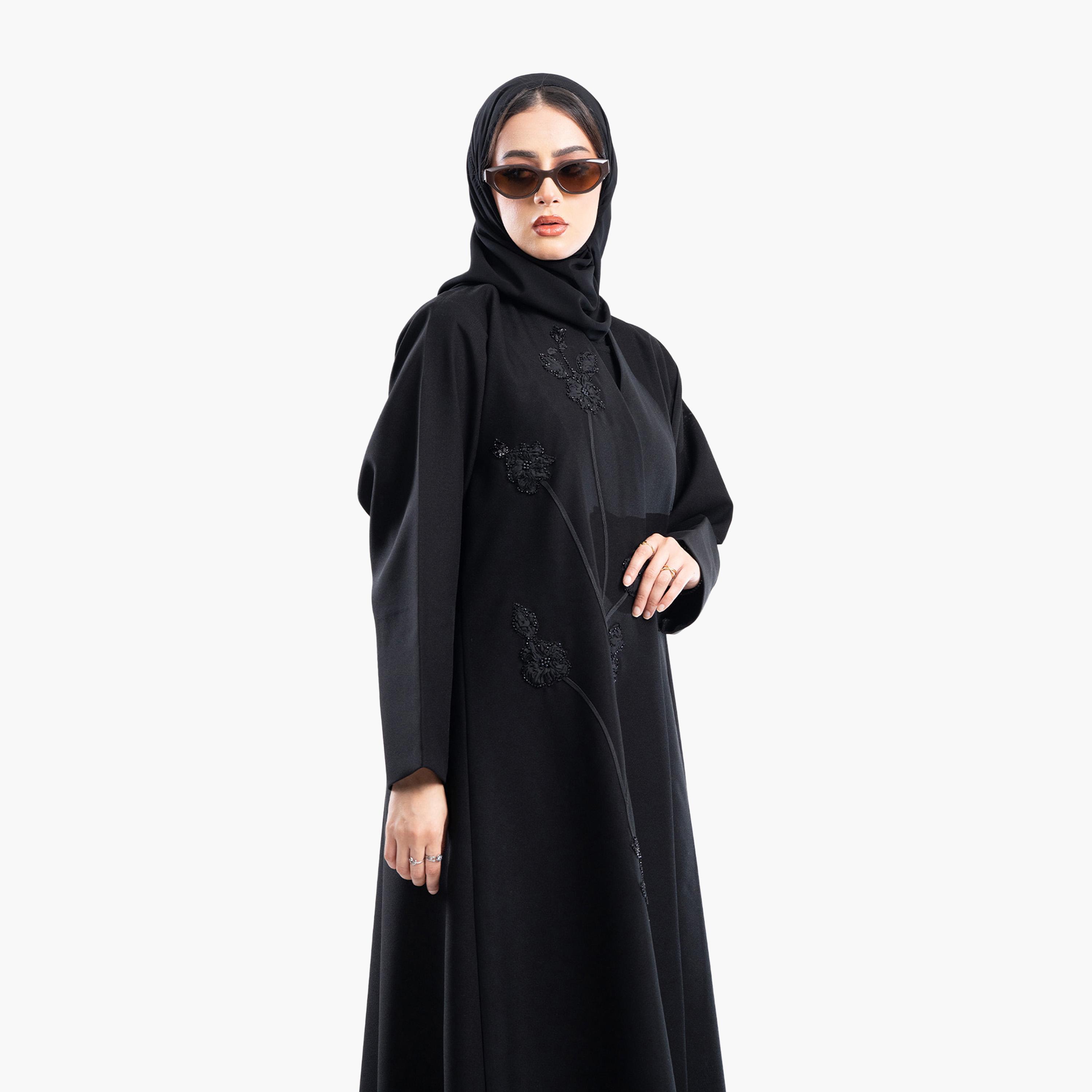 Zahiyh Black Rose Embroidered Evening Flared Abaya with Hijab-women-arabicclothing-abayas-image-2