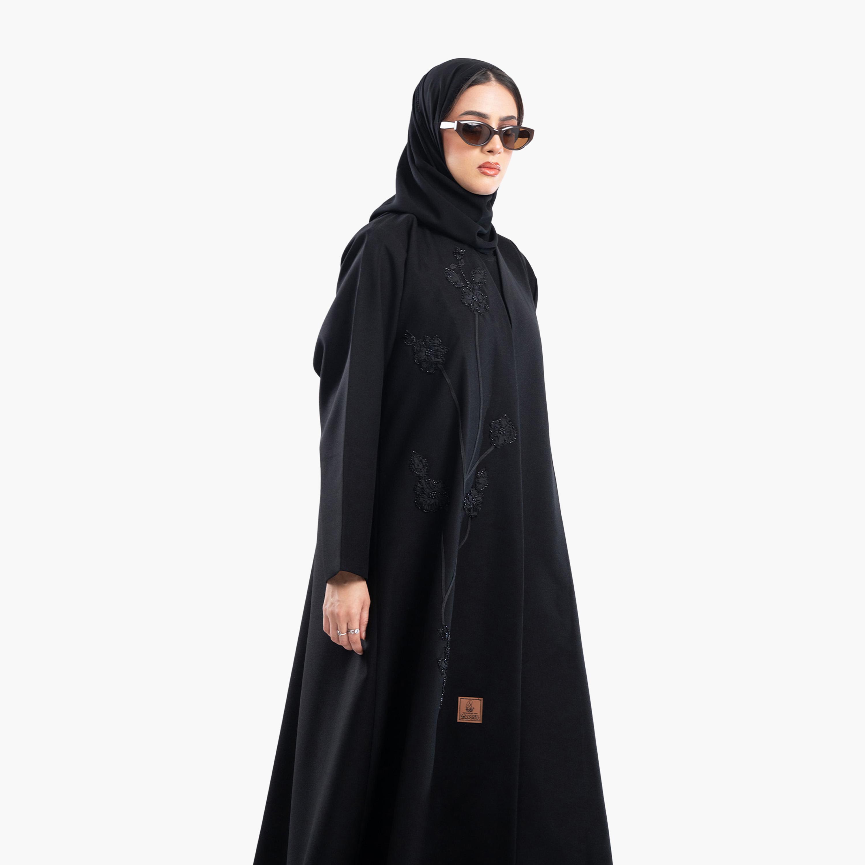 Zahiyh Black Rose Embroidered Evening Flared Abaya with Hijab-women-arabicclothing-abayas-image-3
