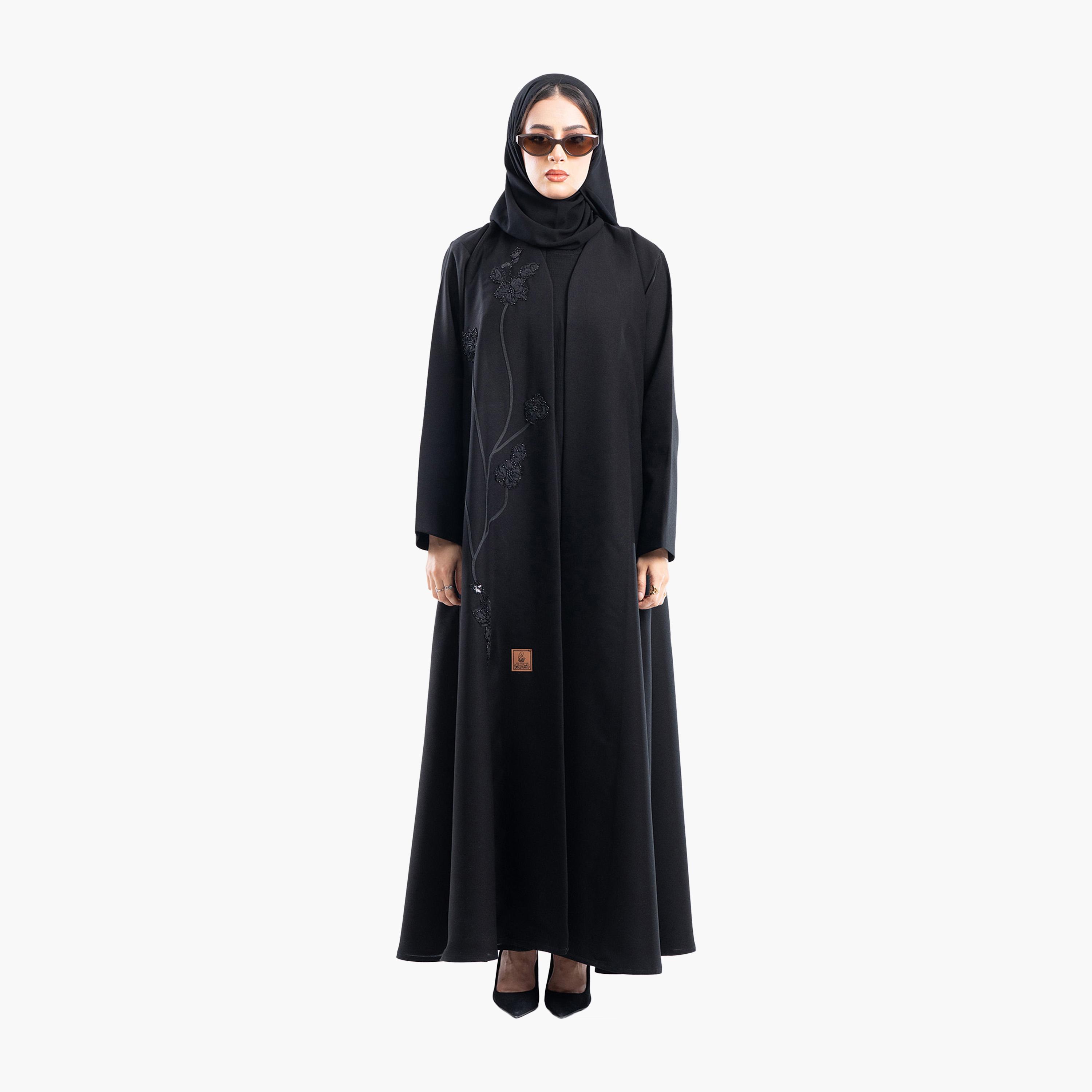 Zahiyh Black Rose Embroidered Evening Flared Abaya with Hijab-women-arabicclothing-abayas-image-4