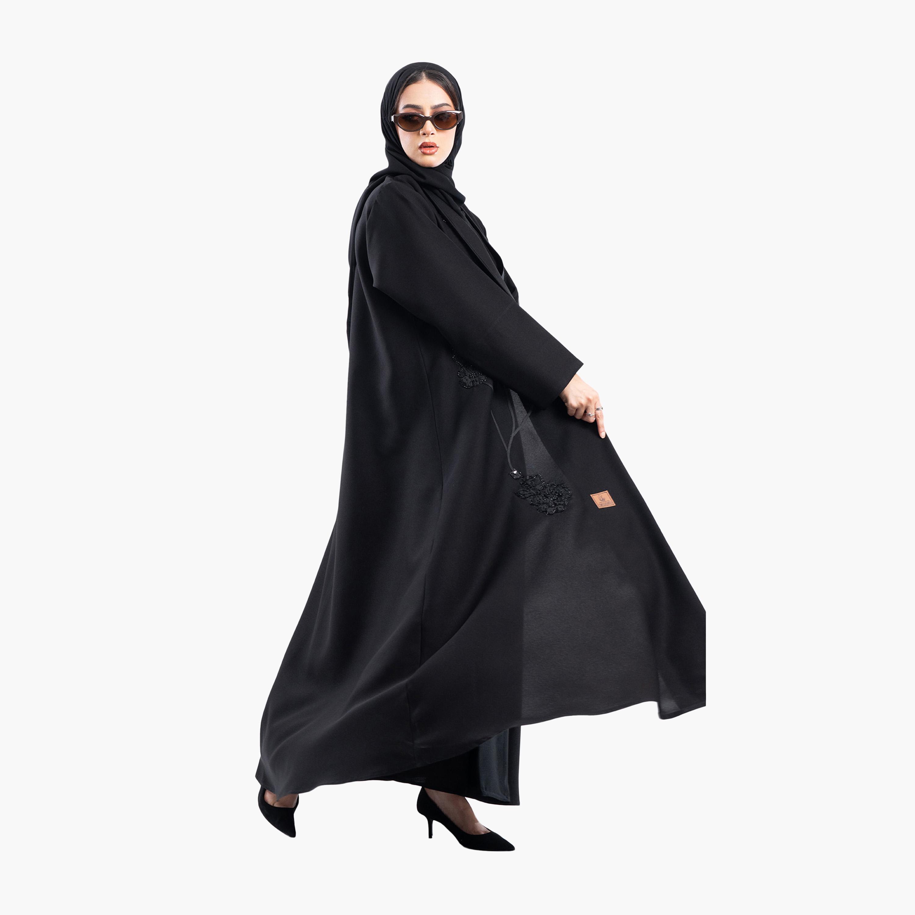 Zahiyh Black Rose Embroidered Evening Flared Abaya with Hijab-women-arabicclothing-abayas-image-5