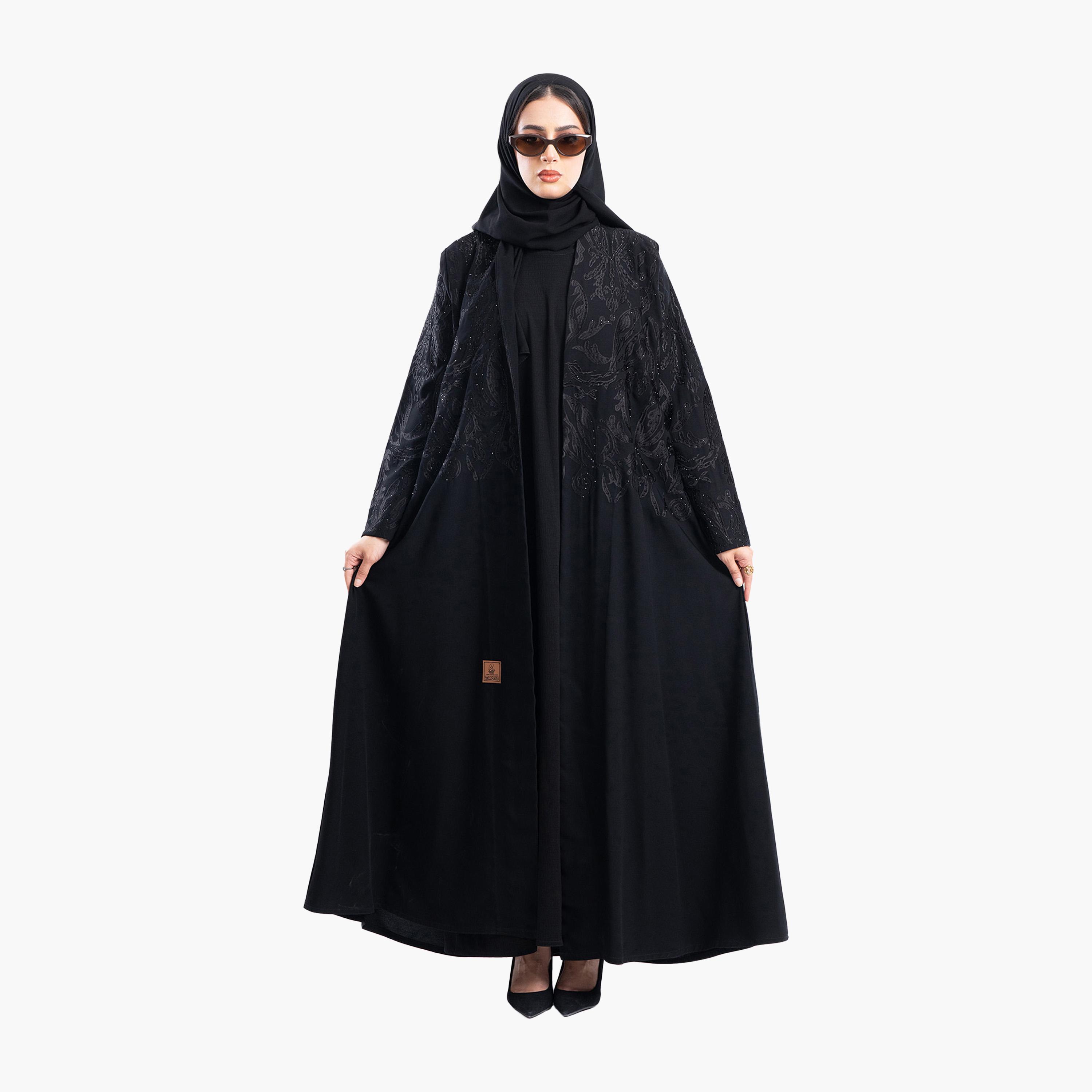 Zahiyh Black Embroidered & Beaded Evening Flared Abaya with Hijab-women-arabicclothing-abayas-image-1
