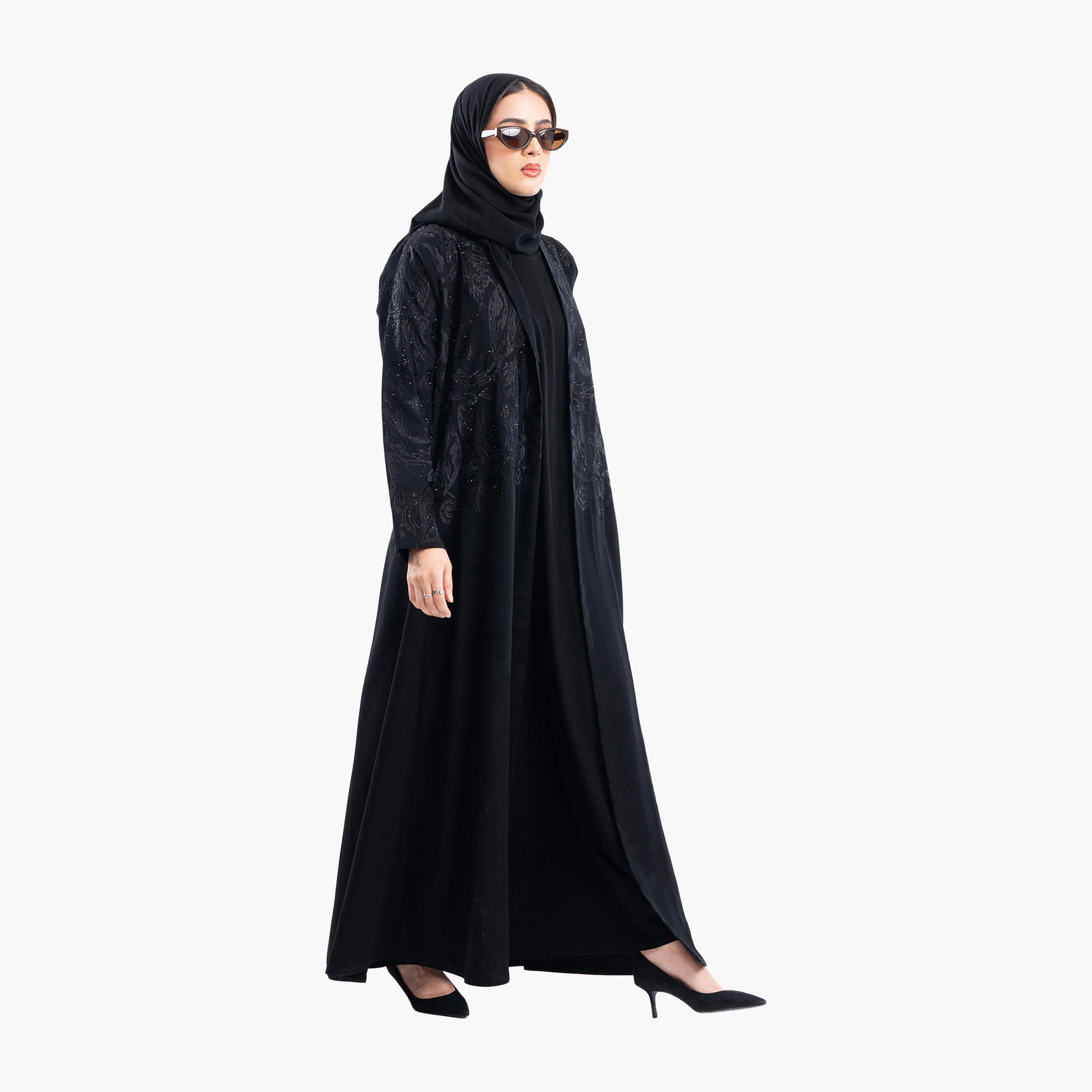 Zahiyh Black Embroidered & Beaded Evening Flared Abaya with Hijab-women-arabicclothing-abayas-image-2