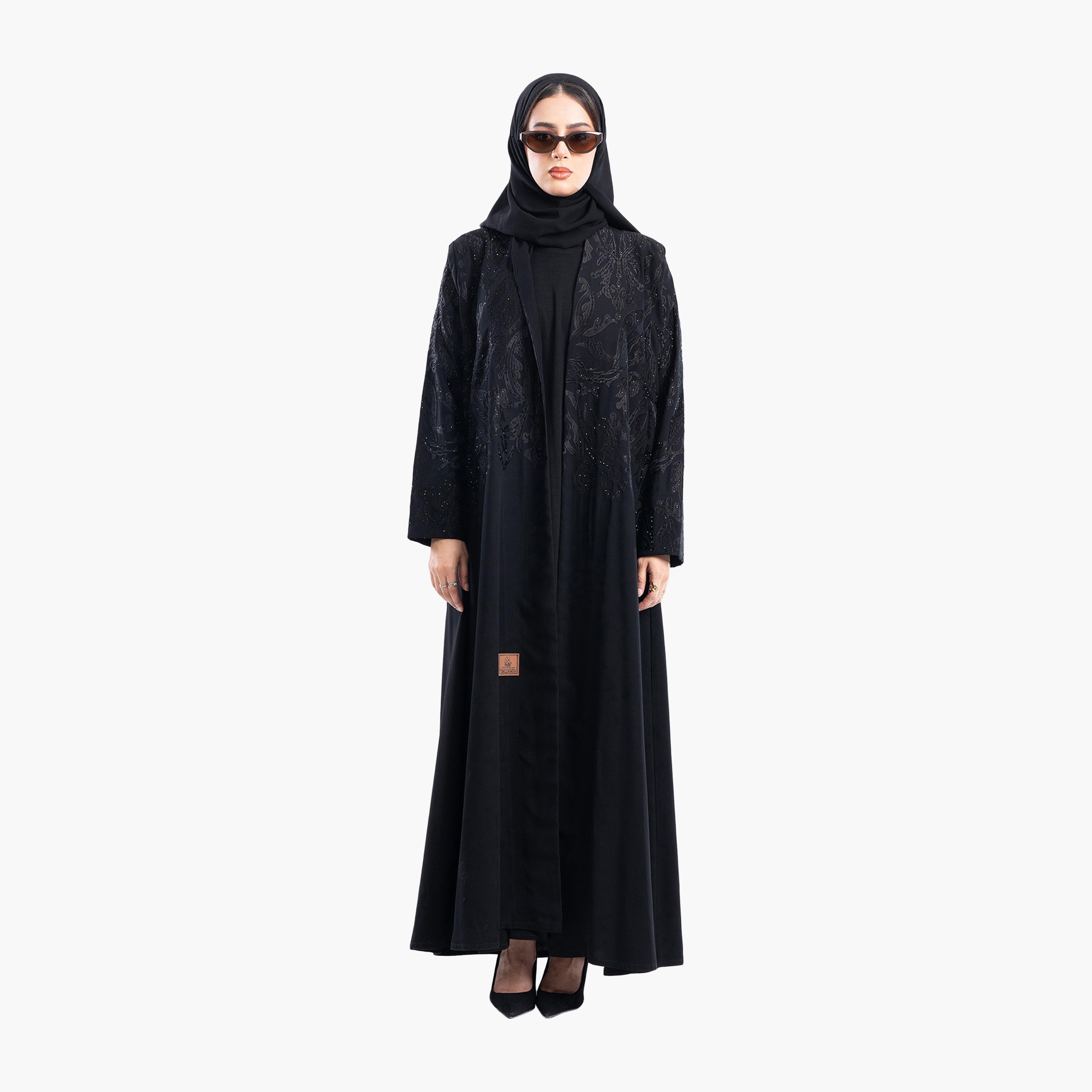 Zahiyh Black Embroidered & Beaded Evening Flared Abaya with Hijab-women-arabicclothing-abayas-image-3