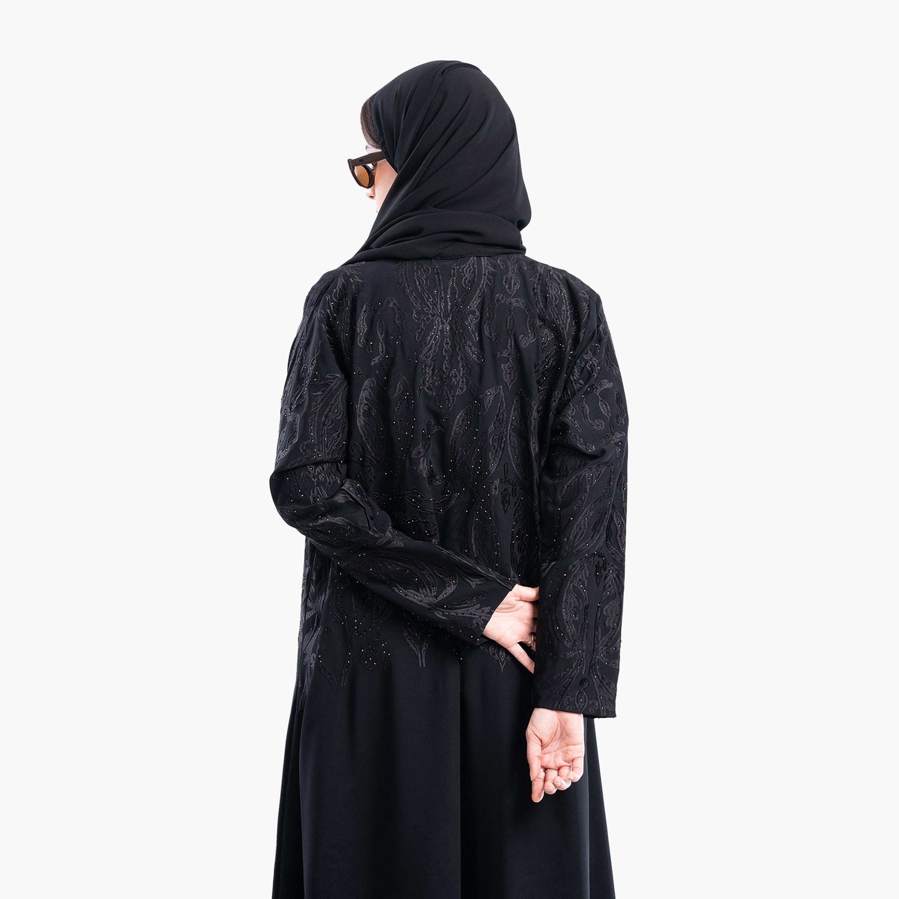 Zahiyh Black Embroidered & Beaded Evening Flared Abaya with Hijab-women-arabicclothing-abayas-image-4