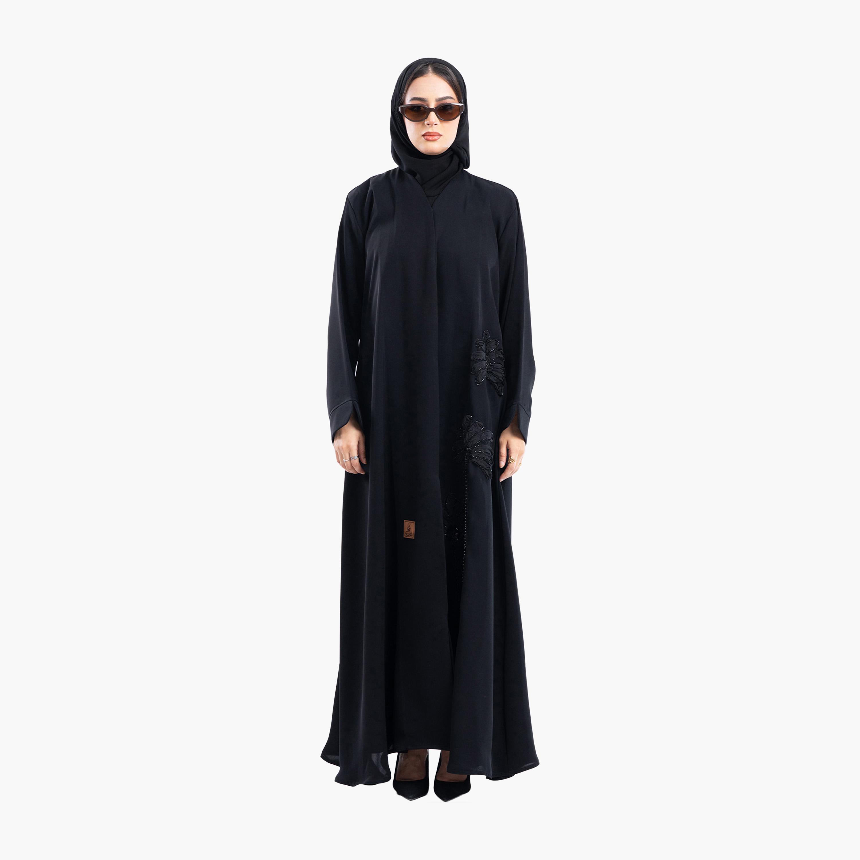 Zahiyh Black Rose Embroidered Abaya with Hijab-women-arabicclothing-abayas-image-1