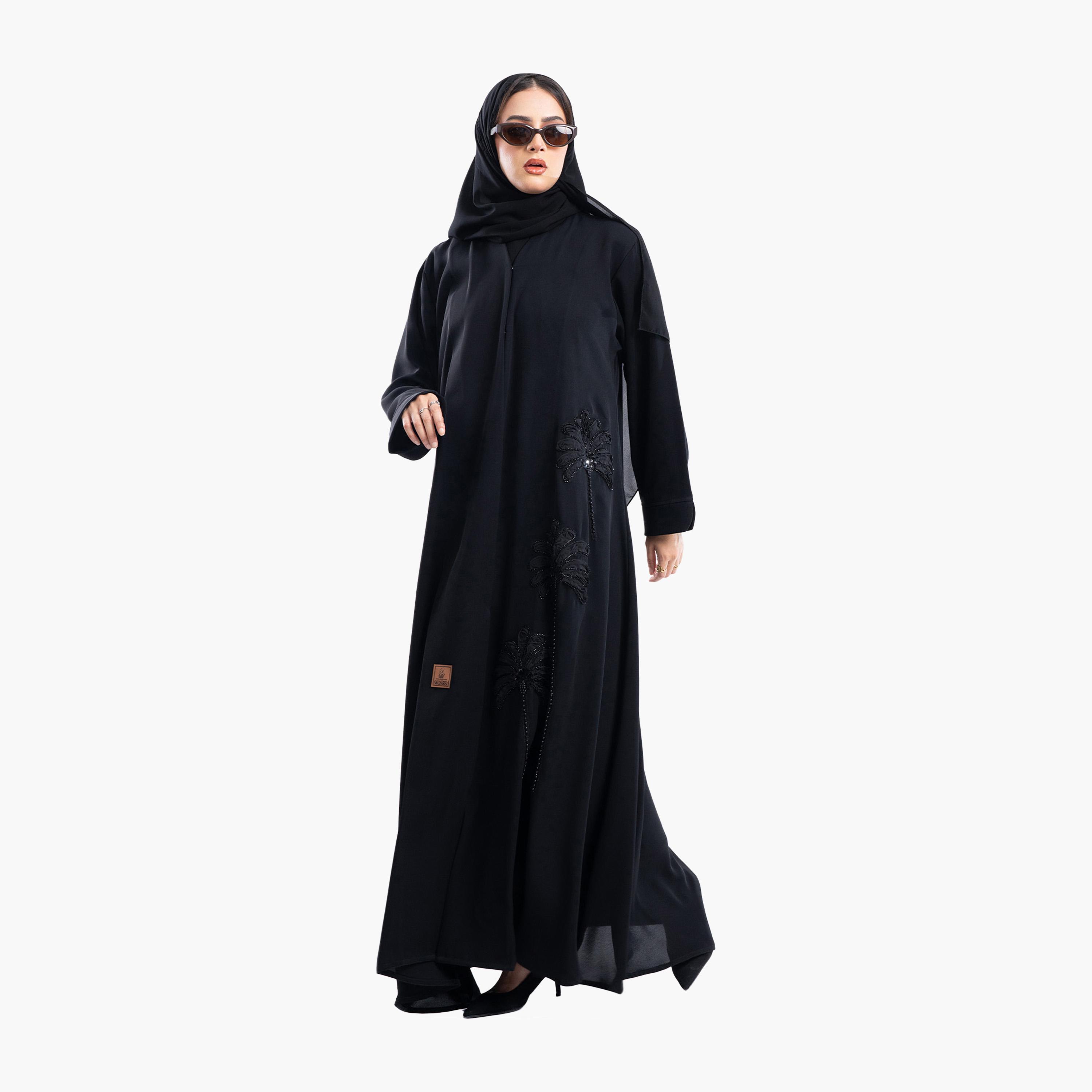 Zahiyh Black Rose Embroidered Abaya with Hijab-women-arabicclothing-abayas-image-2