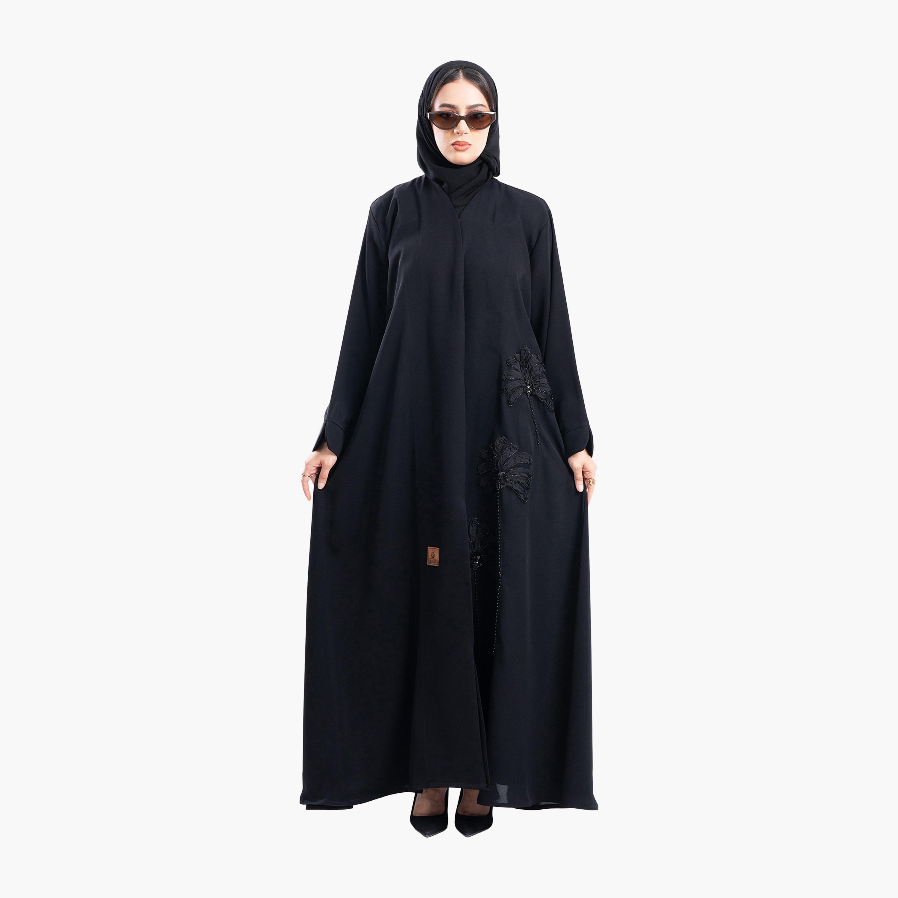 Zahiyh Black Rose Embroidered Abaya with Hijab-women-arabicclothing-abayas-image-4