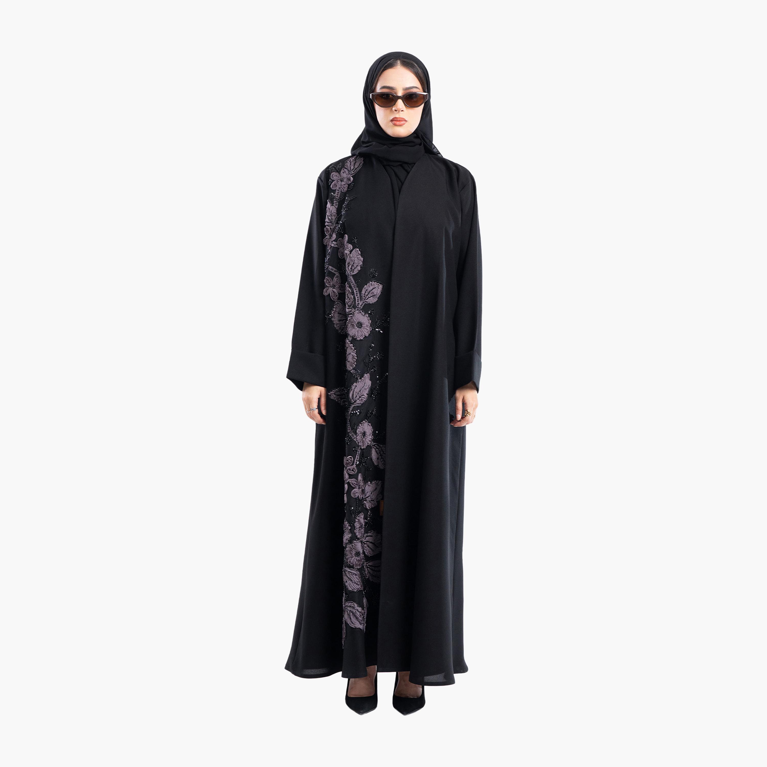 Zahiyh Black Embroidered & Beaded Evening Flared Abaya with Hijab-women-arabicclothing-abayas-image-1