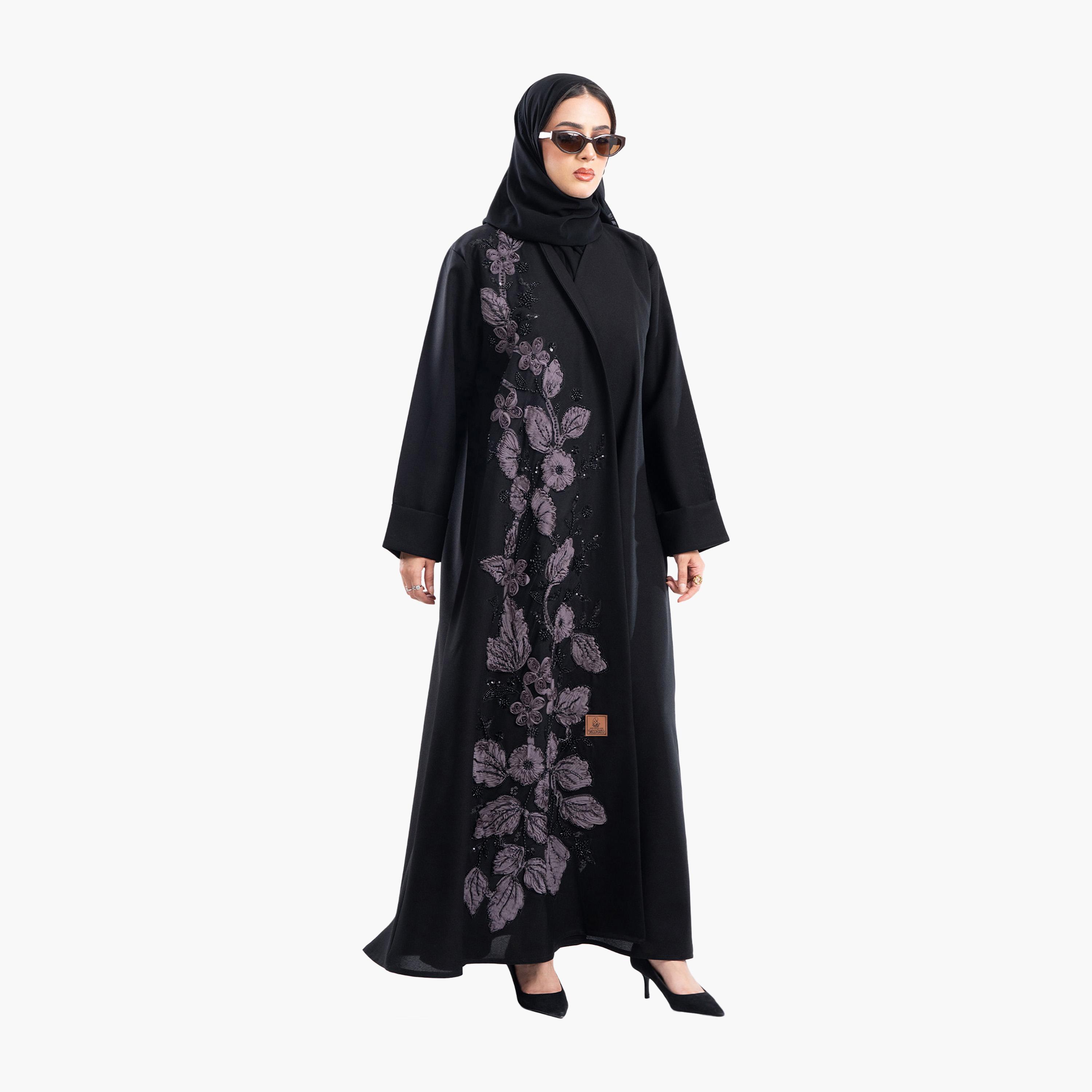 Zahiyh Black Embroidered & Beaded Evening Flared Abaya with Hijab-women-arabicclothing-abayas-image-2