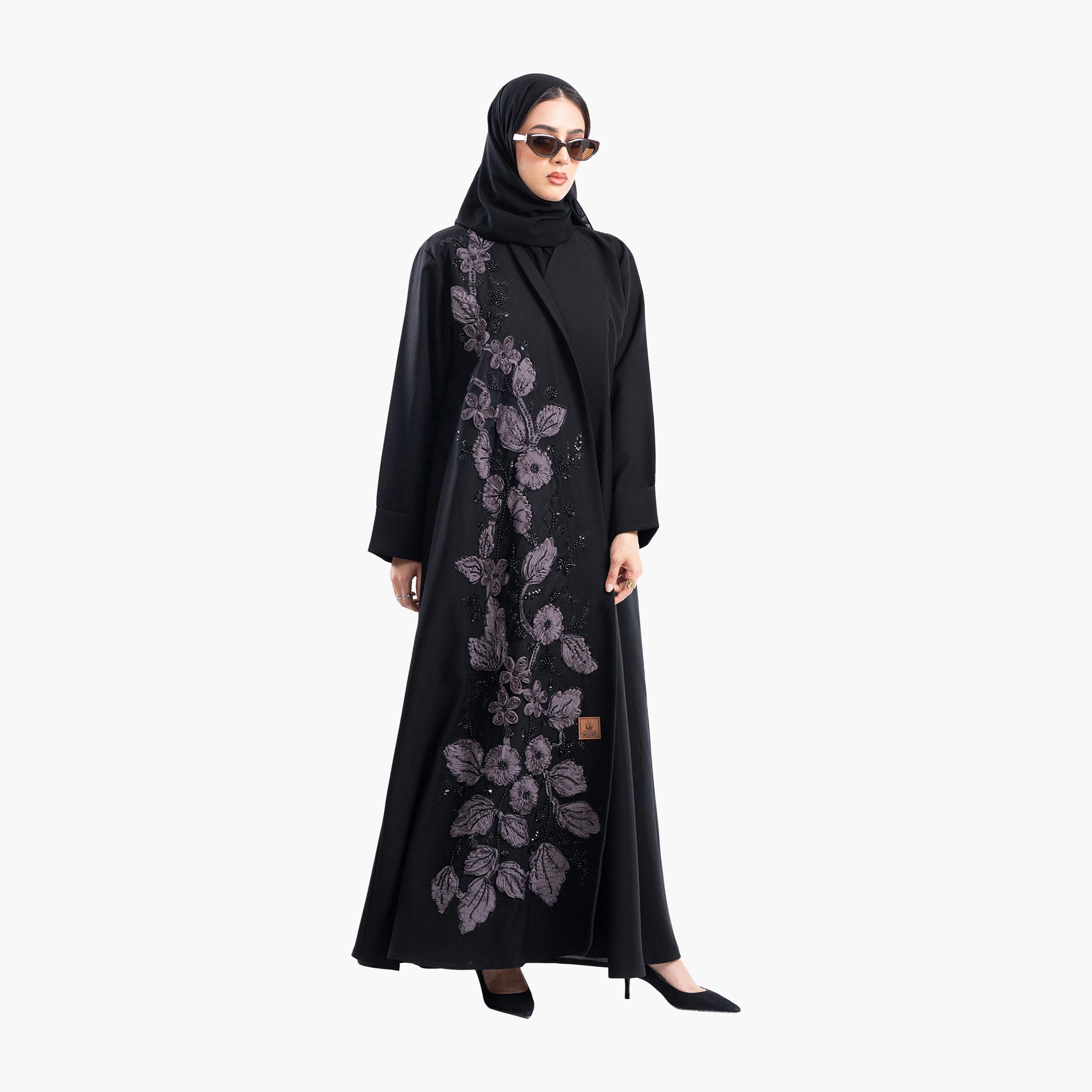 Zahiyh Black Embroidered & Beaded Evening Flared Abaya with Hijab-women-arabicclothing-abayas-image-3