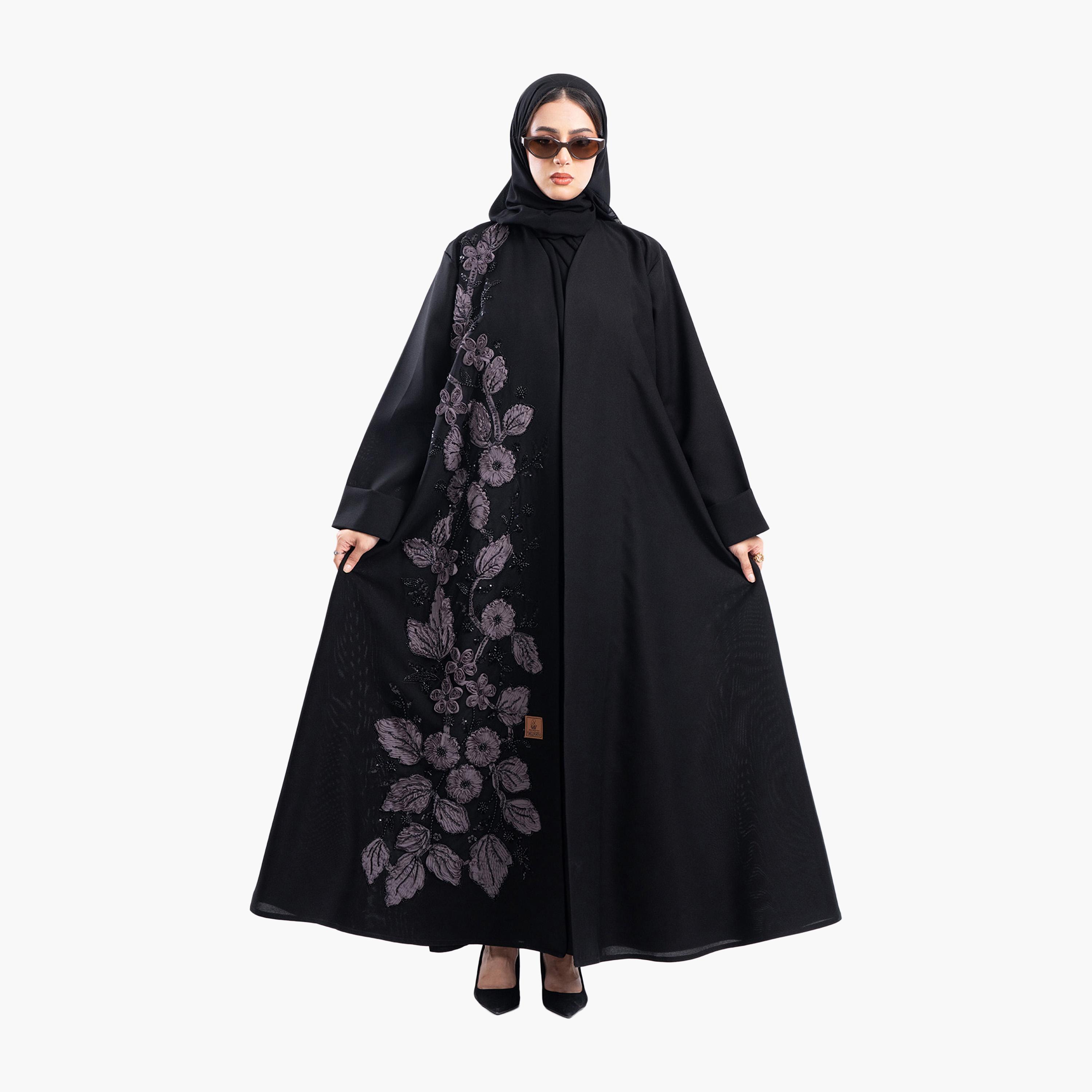 Zahiyh Black Embroidered & Beaded Evening Flared Abaya with Hijab-women-arabicclothing-abayas-image-4