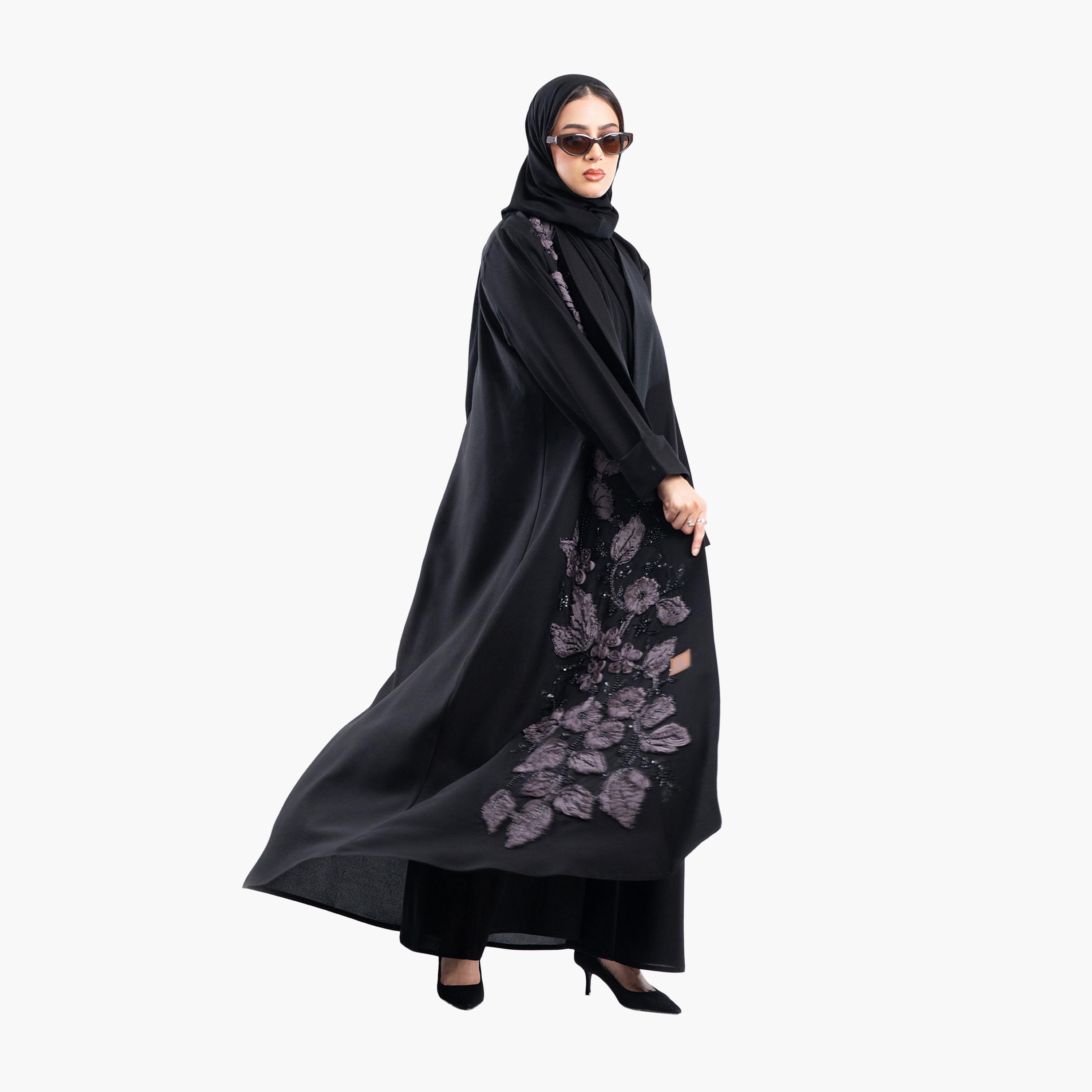 Zahiyh Black Embroidered & Beaded Evening Flared Abaya with Hijab-women-arabicclothing-abayas-image-5
