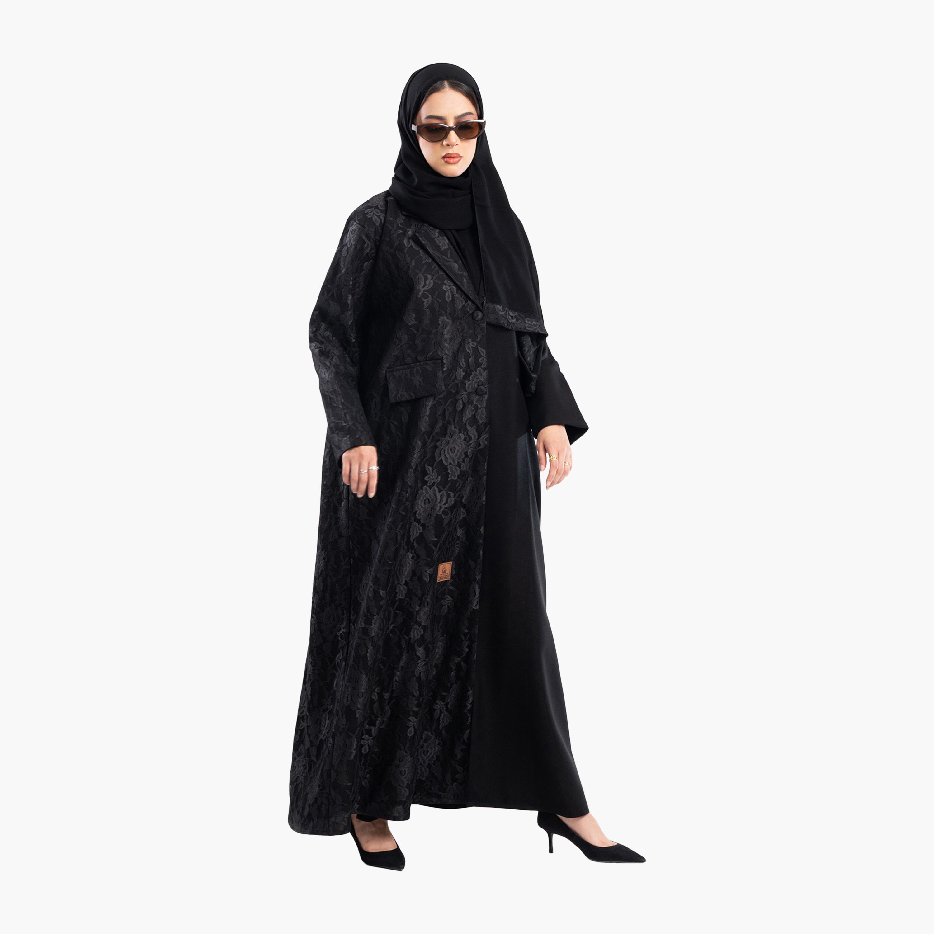 عباية رسمية سوداء بدانتيل فرنسي بياقة ياقة بتصميم بليزر مع حجاب من زاهية-women-arabicclothing-abayas-image-1