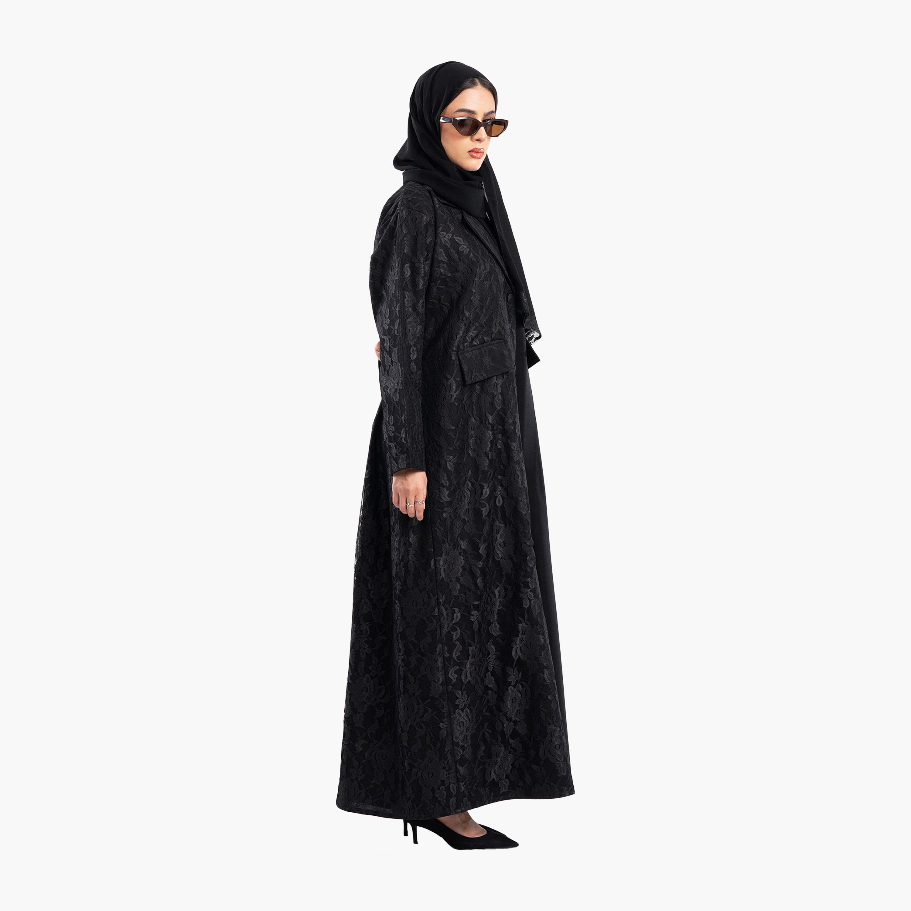 عباية رسمية سوداء بدانتيل فرنسي بياقة ياقة بتصميم بليزر مع حجاب من زاهية-women-arabicclothing-abayas-image-2