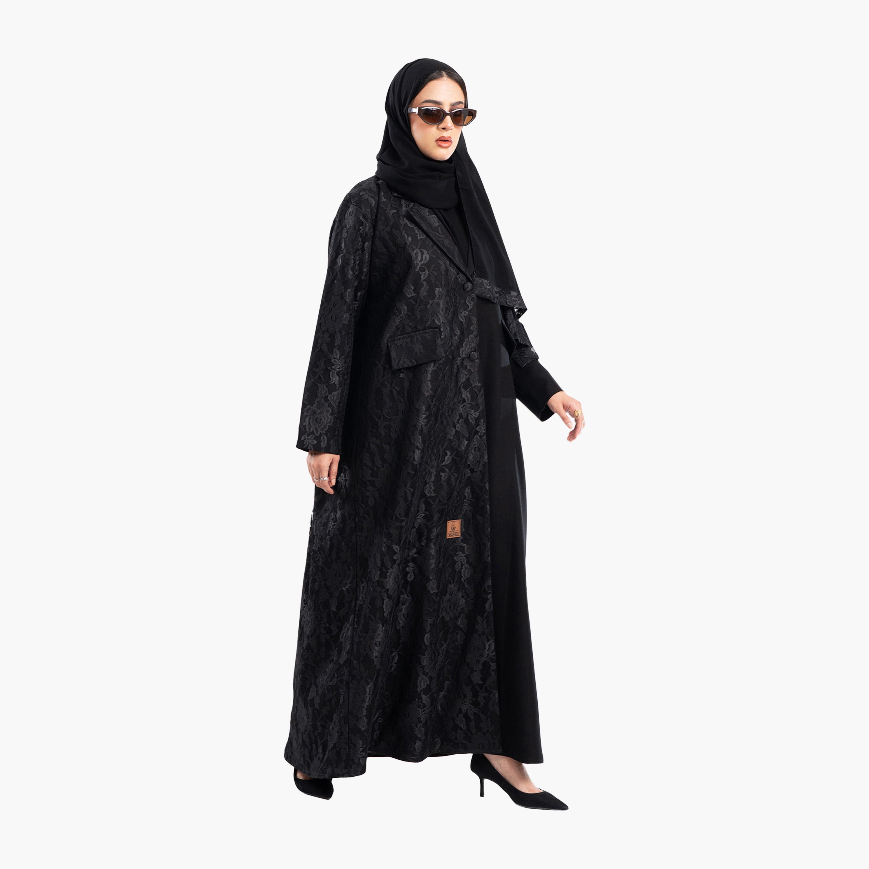 عباية رسمية سوداء بدانتيل فرنسي بياقة ياقة بتصميم بليزر مع حجاب من زاهية-women-arabicclothing-abayas-image-3