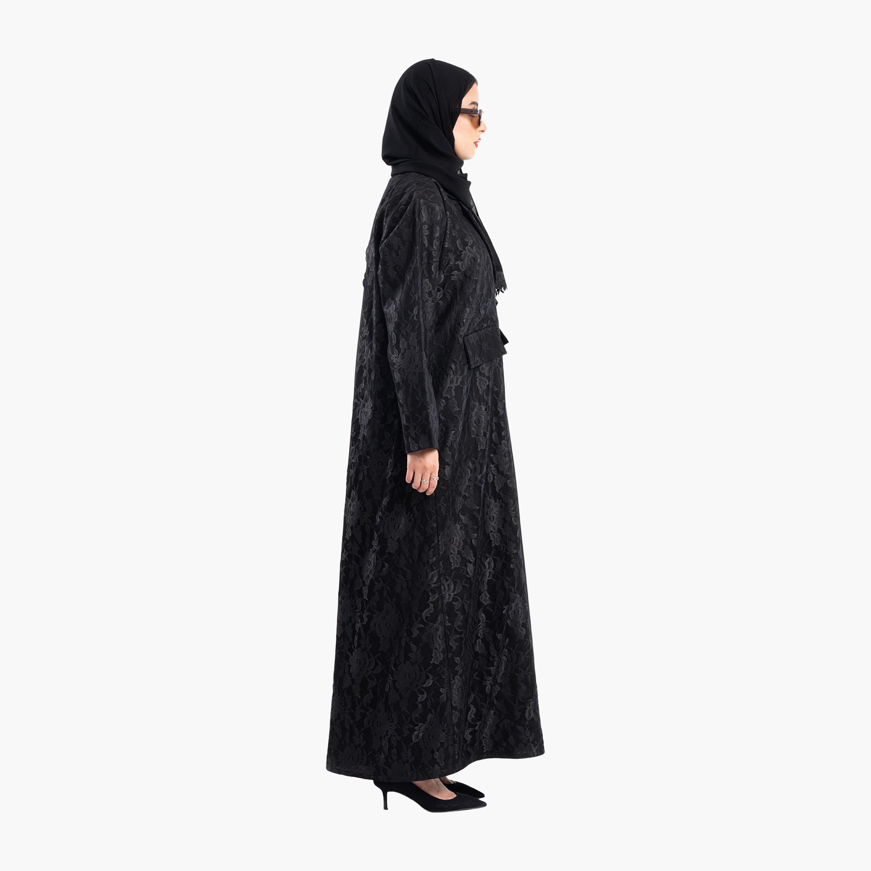 عباية رسمية سوداء بدانتيل فرنسي بياقة ياقة بتصميم بليزر مع حجاب من زاهية-women-arabicclothing-abayas-image-4