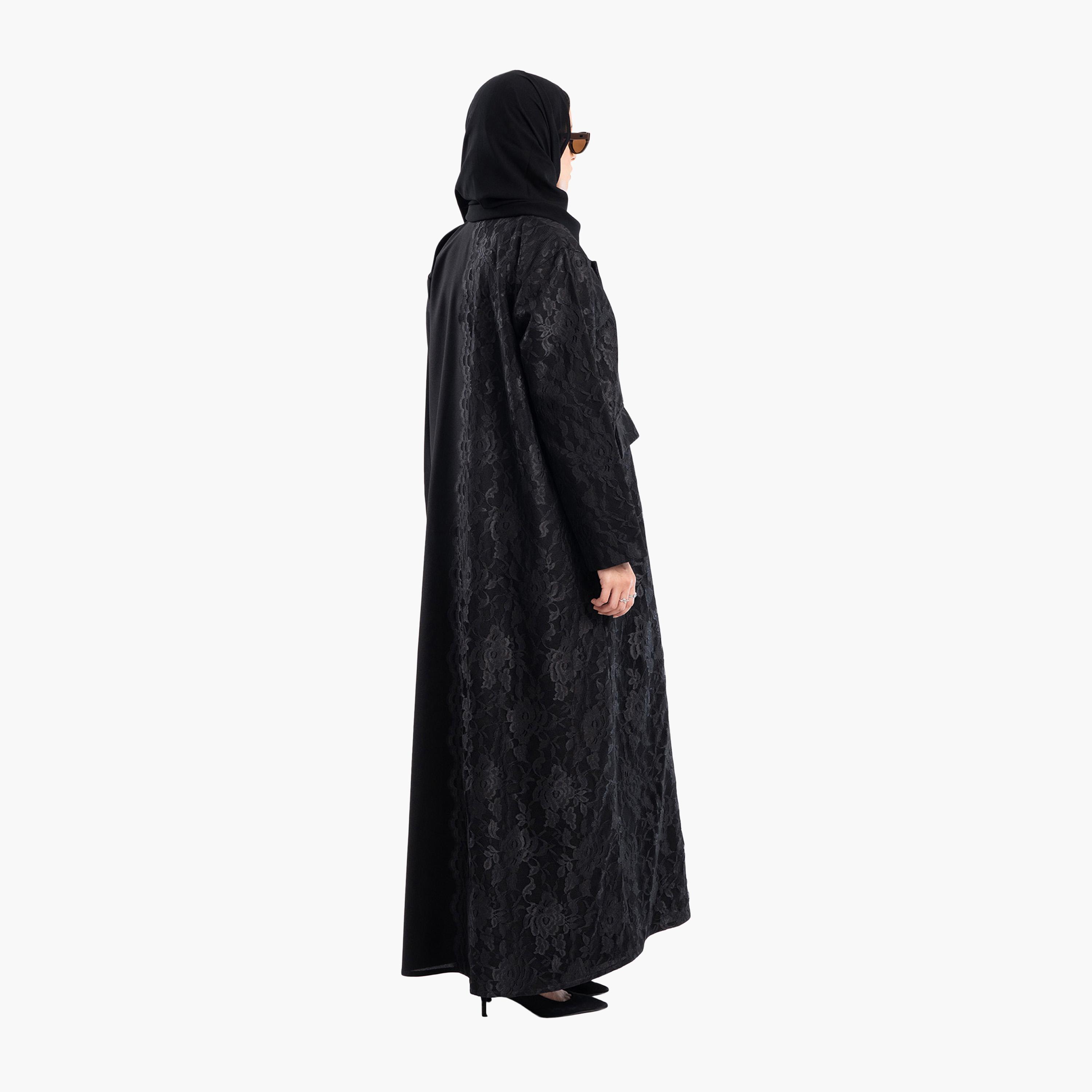 عباية رسمية سوداء بدانتيل فرنسي بياقة ياقة بتصميم بليزر مع حجاب من زاهية-women-arabicclothing-abayas-image-5