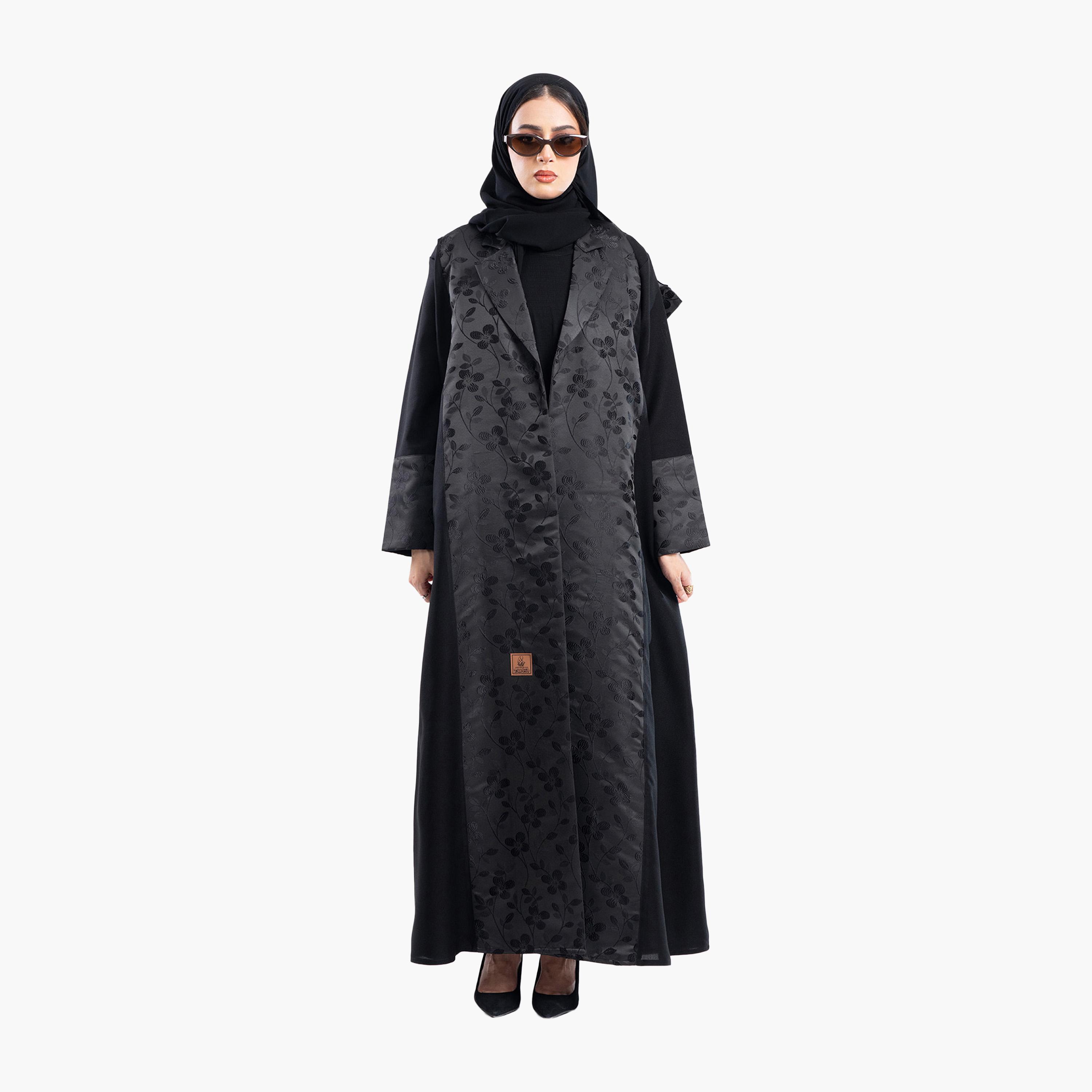 Zahiyh Black Dual Shade Floral Jacquard Lapel Collar Formal Blazer Style Abaya with Hijab-women-arabicclothing-abayas-image-1