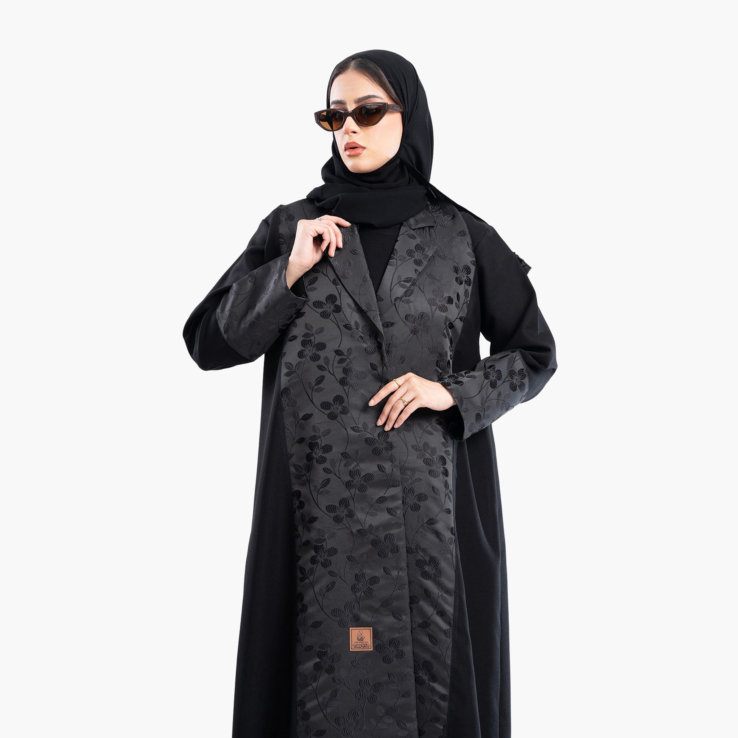 Zahiyh Black Dual Shade Floral Jacquard Lapel Collar Formal Blazer Style Abaya with Hijab-women-arabicclothing-abayas-image-2