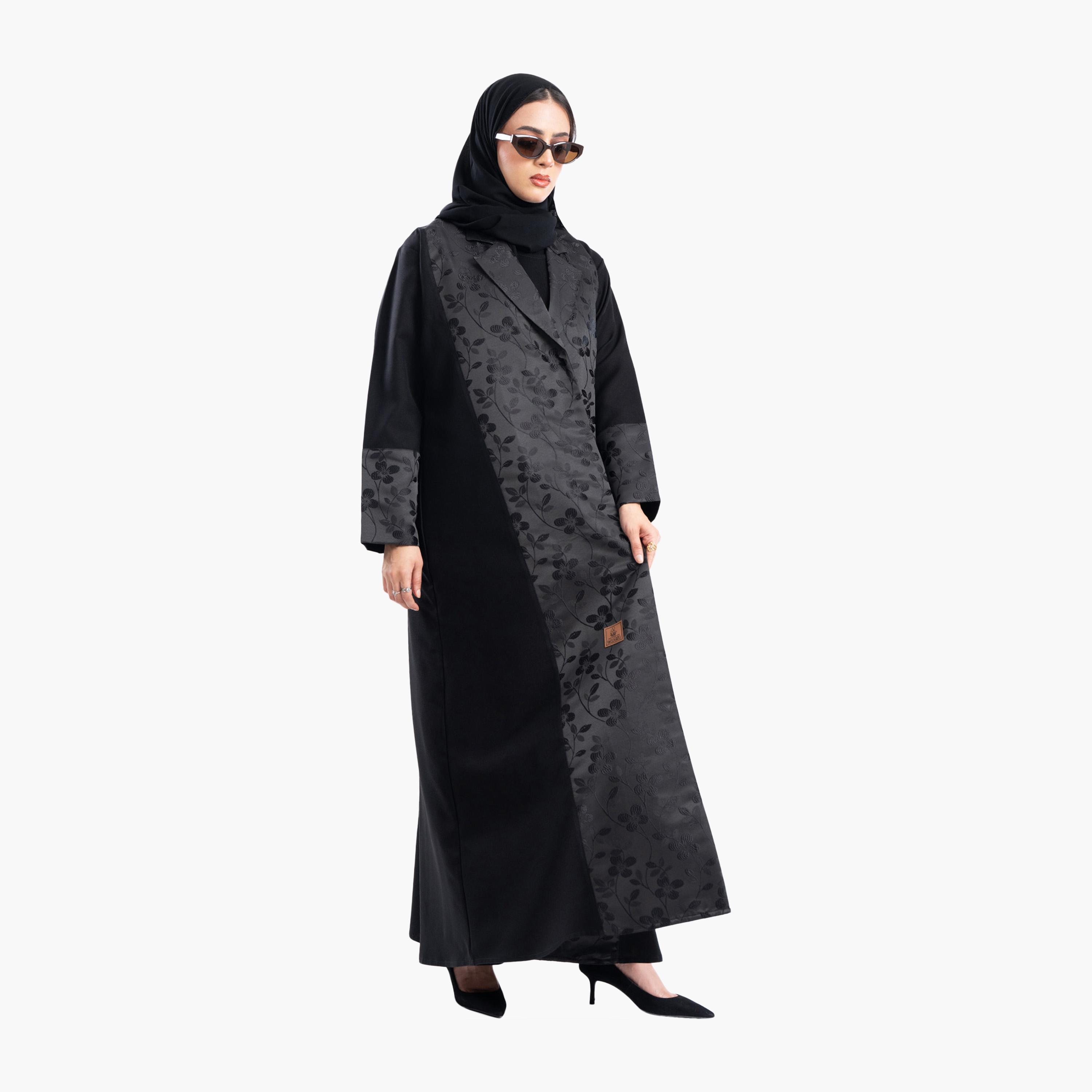 Zahiyh Black Dual Shade Floral Jacquard Lapel Collar Formal Blazer Style Abaya with Hijab-women-arabicclothing-abayas-image-3