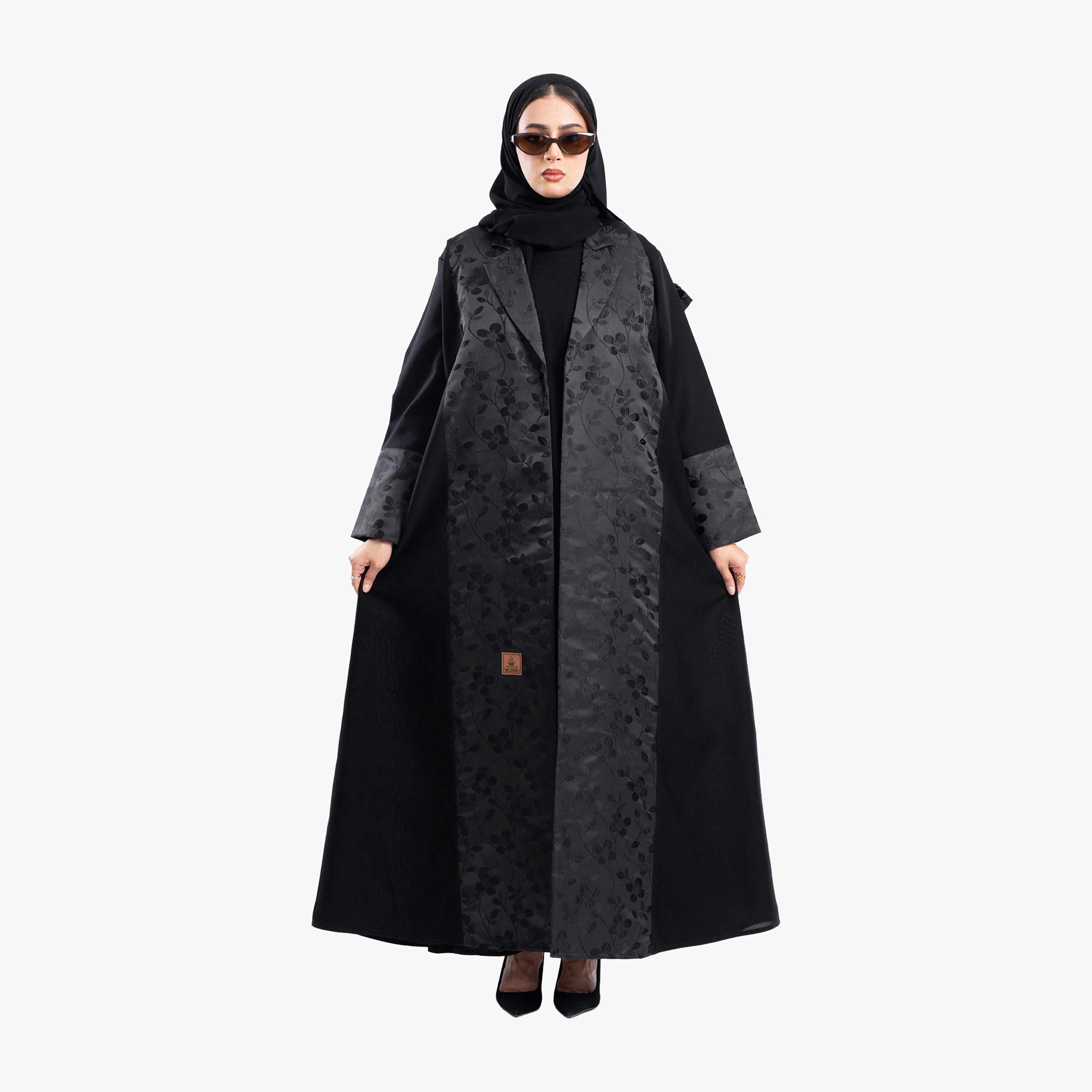 Zahiyh Black Dual Shade Floral Jacquard Lapel Collar Formal Blazer Style Abaya with Hijab-women-arabicclothing-abayas-image-4