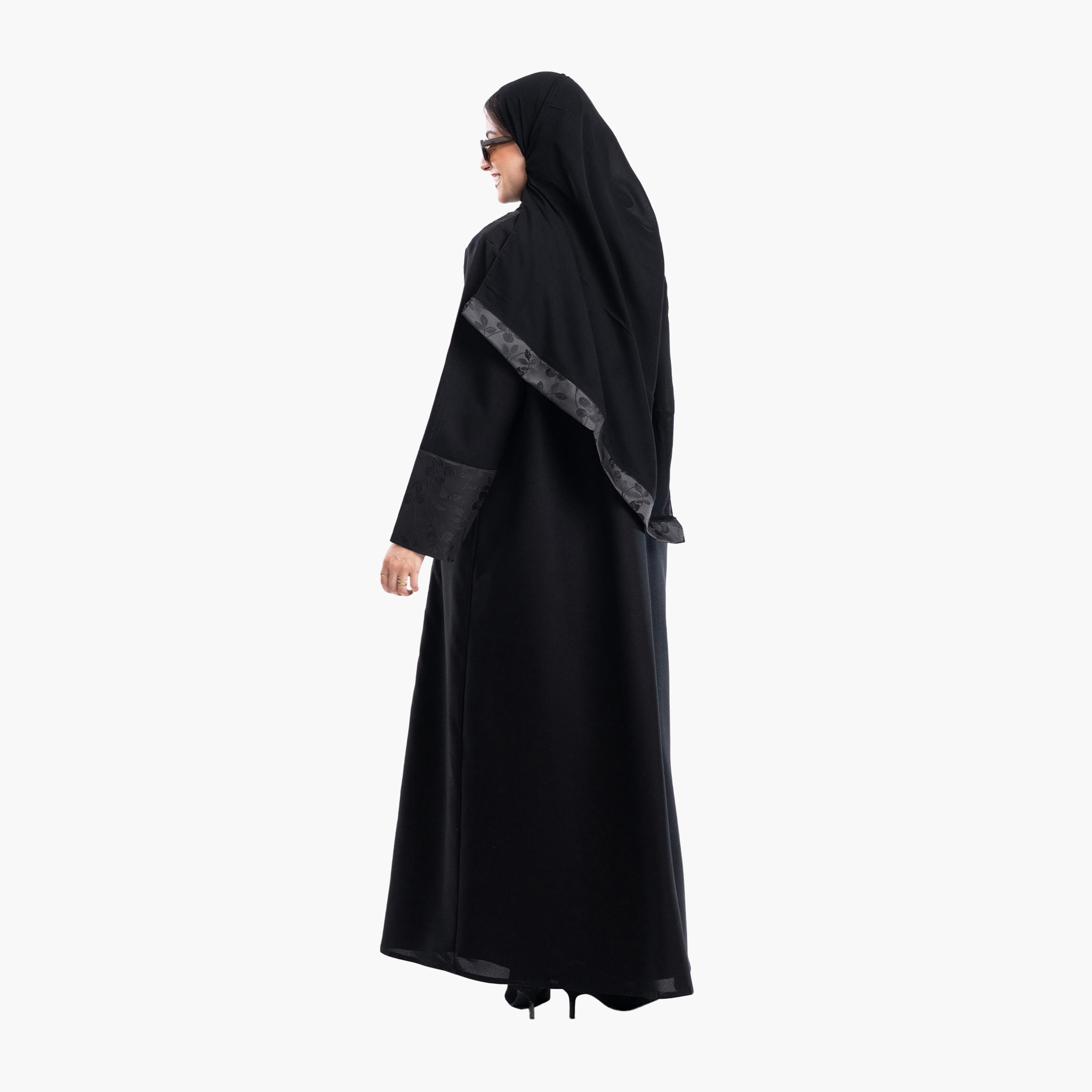 Zahiyh Black Dual Shade Floral Jacquard Lapel Collar Formal Blazer Style Abaya with Hijab-women-arabicclothing-abayas-image-5